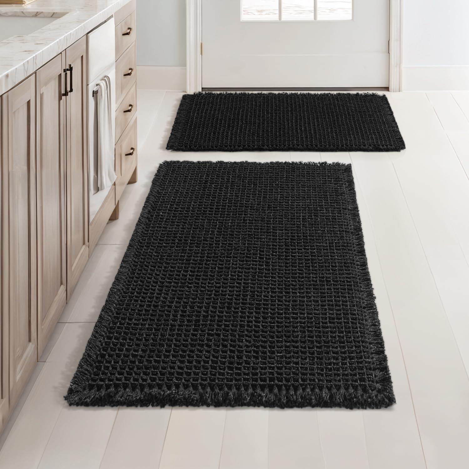 imageMIULEE Set of 2 Waffle Bathroom Rugs Boho Bath Rugs Non Slip Washable Super Absorbent Bath Mats Ultra Soft Rubber Backed Shower Mats for Bathroom Floor Tub and Shower Chocolate 18x30 InchBlack