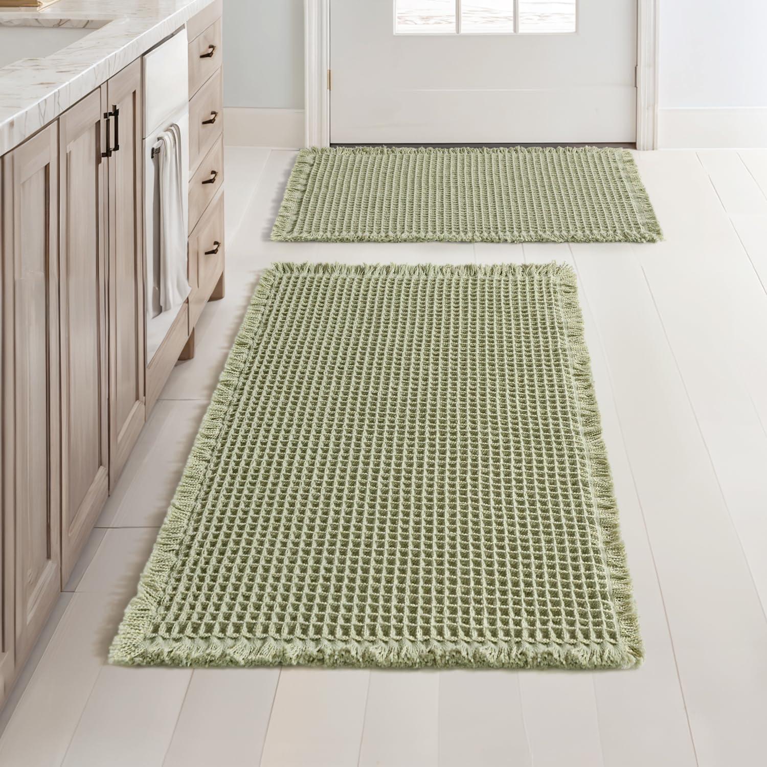 imageMIULEE Set of 2 Waffle Bathroom Rugs Boho Bath Rugs Non Slip Washable Super Absorbent Bath Mats Ultra Soft Rubber Backed Shower Mats for Bathroom Floor Tub and Shower Chocolate 18x30 InchSage Green