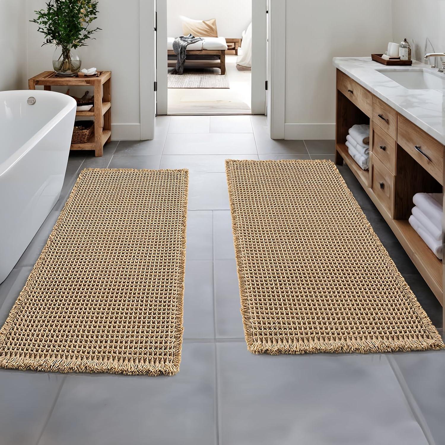 imageMIULEE Set of 2 Waffle Bathroom Rugs Boho Bath Rugs Non Slip Washable Super Absorbent Bath Mats Ultra Soft Rubber Backed Shower Mats for Bathroom Floor Tub and Shower Chocolate 18x30 InchBrown