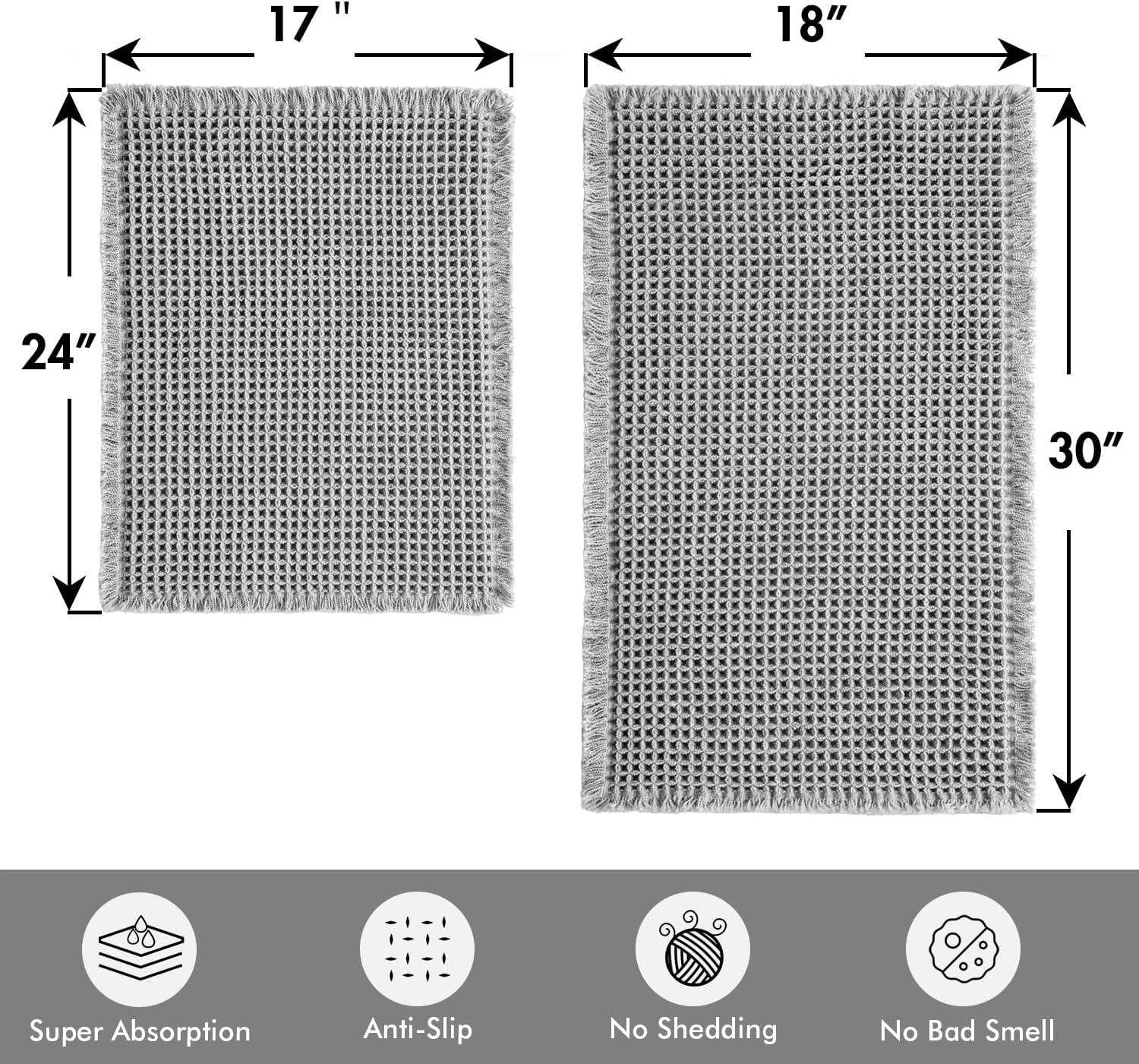 imageMIULEE Set of 2 Waffle Bathroom Rugs Boho Bath Rugs Non Slip Washable Super Absorbent Bath Mats Ultra Soft Rubber Backed Shower Mats for Bathroom Floor Tub and Shower Chocolate 18x30 InchLight Grey
