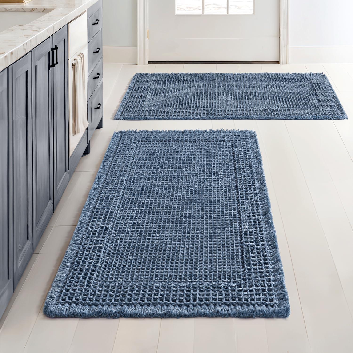 imageMIULEE Set of 2 Waffle Bathroom Rugs Boho Bath Rugs Non Slip Washable Super Absorbent Bath Mats Ultra Soft Rubber Backed Shower Mats for Bathroom Floor Tub and Shower Chocolate 18x30 InchBlue