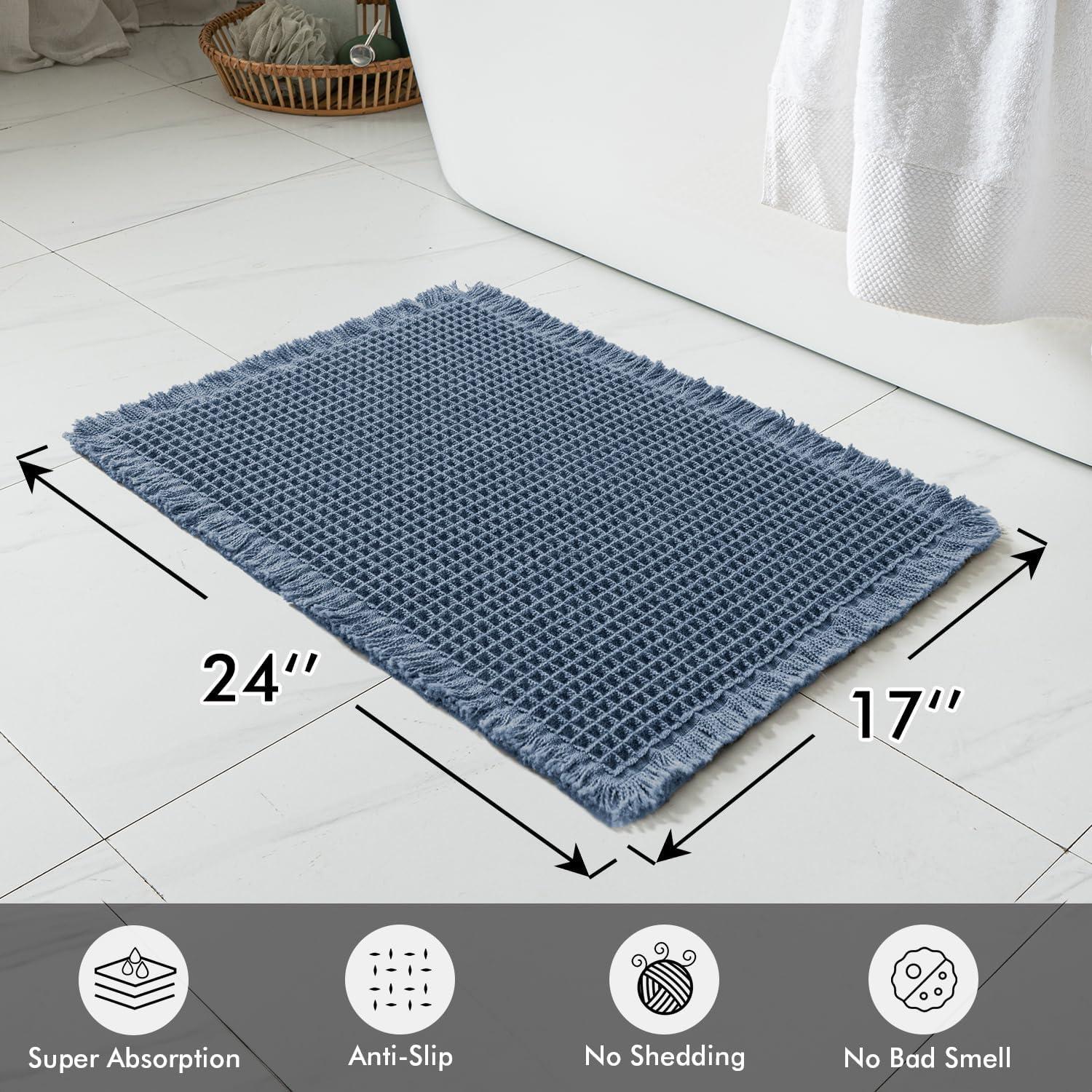 imageMIULEE Set of 2 Waffle Bathroom Rugs Boho Bath Rugs Non Slip Washable Super Absorbent Bath Mats Ultra Soft Rubber Backed Shower Mats for Bathroom Floor Tub and Shower Chocolate 18x30 InchBlue