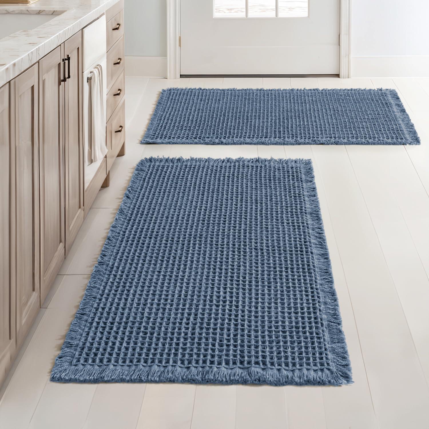 imageMIULEE Set of 2 Waffle Bathroom Rugs Boho Bath Rugs Non Slip Washable Super Absorbent Bath Mats Ultra Soft Rubber Backed Shower Mats for Bathroom Floor Tub and Shower Chocolate 18x30 InchBlue