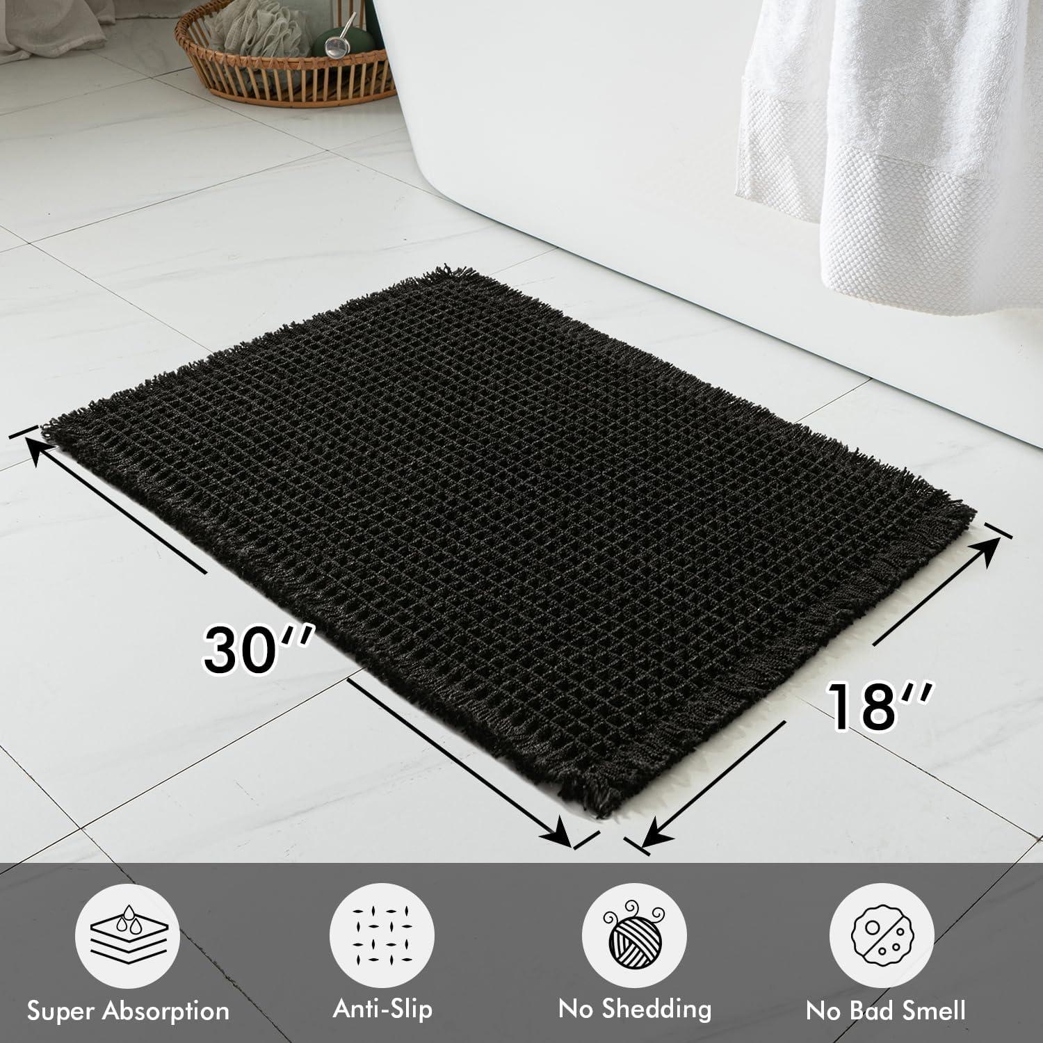 imageMIULEE Set of 2 Waffle Bathroom Rugs Boho Bath Rugs Non Slip Washable Super Absorbent Bath Mats Ultra Soft Rubber Backed Shower Mats for Bathroom Floor Tub and Shower Chocolate 18x30 InchBlack