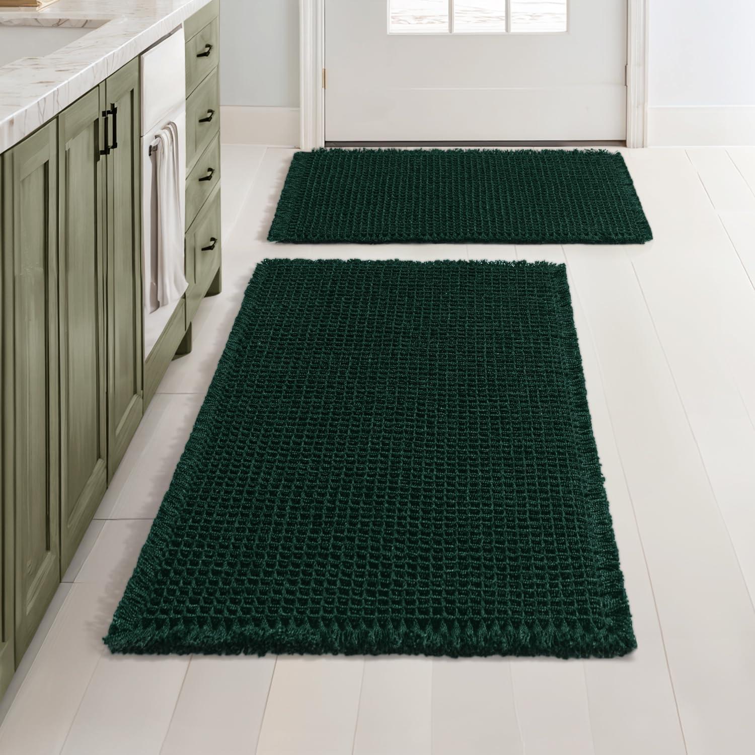 imageMIULEE Set of 2 Waffle Bathroom Rugs Boho Bath Rugs Non Slip Washable Super Absorbent Bath Mats Ultra Soft Rubber Backed Shower Mats for Bathroom Floor Tub and Shower Chocolate 18x30 InchDark Green