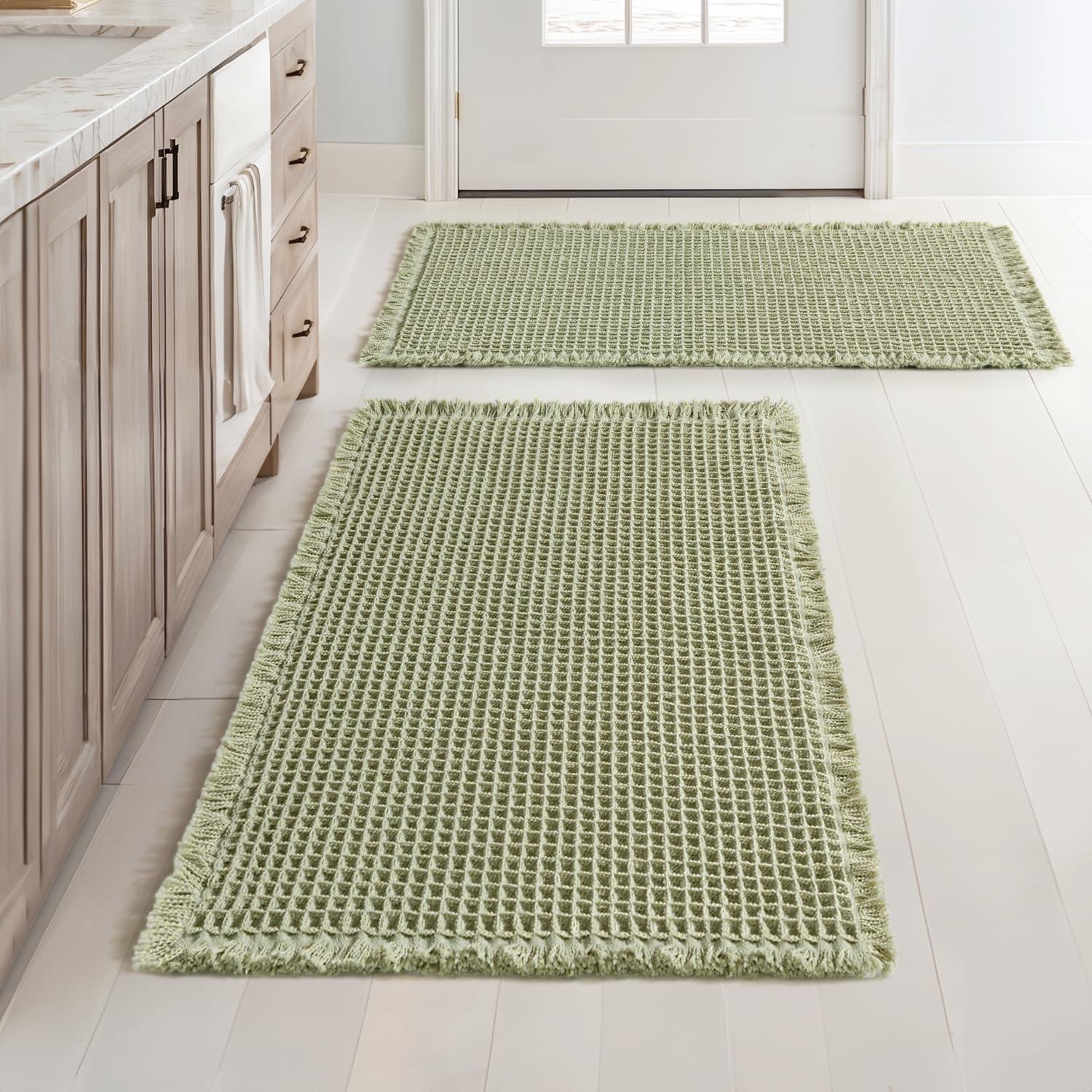 imageMIULEE Set of 2 Waffle Bathroom Rugs Boho Bath Rugs Non Slip Washable Super Absorbent Bath Mats Ultra Soft Rubber Backed Shower Mats for Bathroom Floor Tub and Shower Chocolate 18x30 InchSage Green