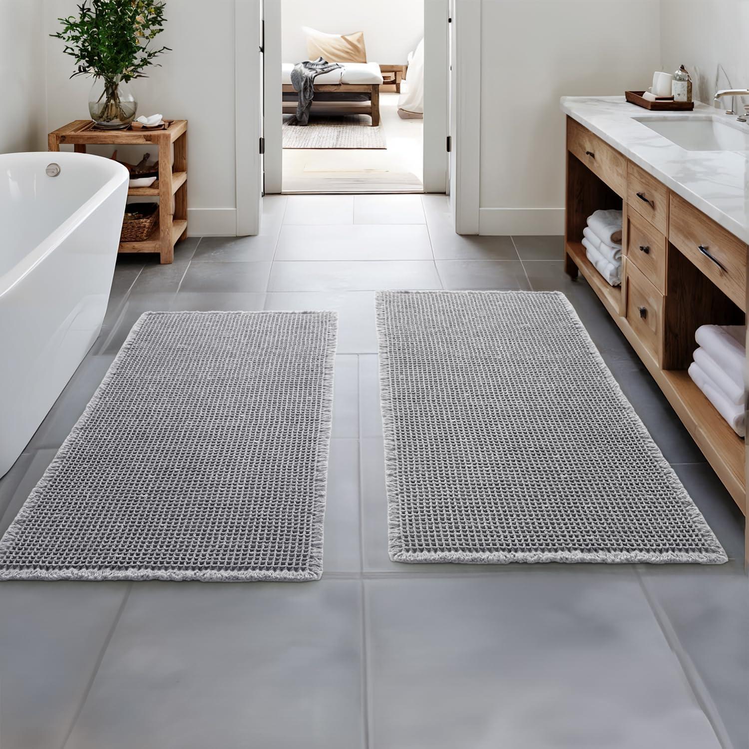 imageMIULEE Set of 2 Waffle Bathroom Rugs Boho Bath Rugs Non Slip Washable Super Absorbent Bath Mats Ultra Soft Rubber Backed Shower Mats for Bathroom Floor Tub and Shower Chocolate 18x30 InchLight Grey
