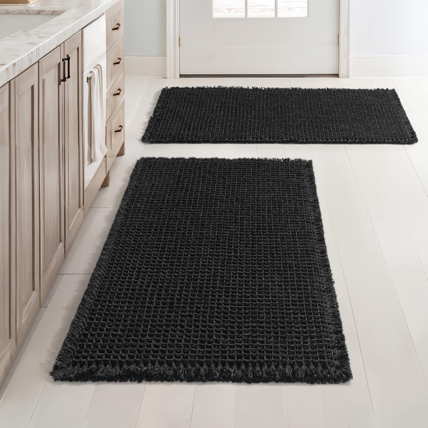 imageMIULEE Set of 2 Waffle Bathroom Rugs Boho Bath Rugs Non Slip Washable Super Absorbent Bath Mats Ultra Soft Rubber Backed Shower Mats for Bathroom Floor Tub and Shower Chocolate 18x30 InchBlack