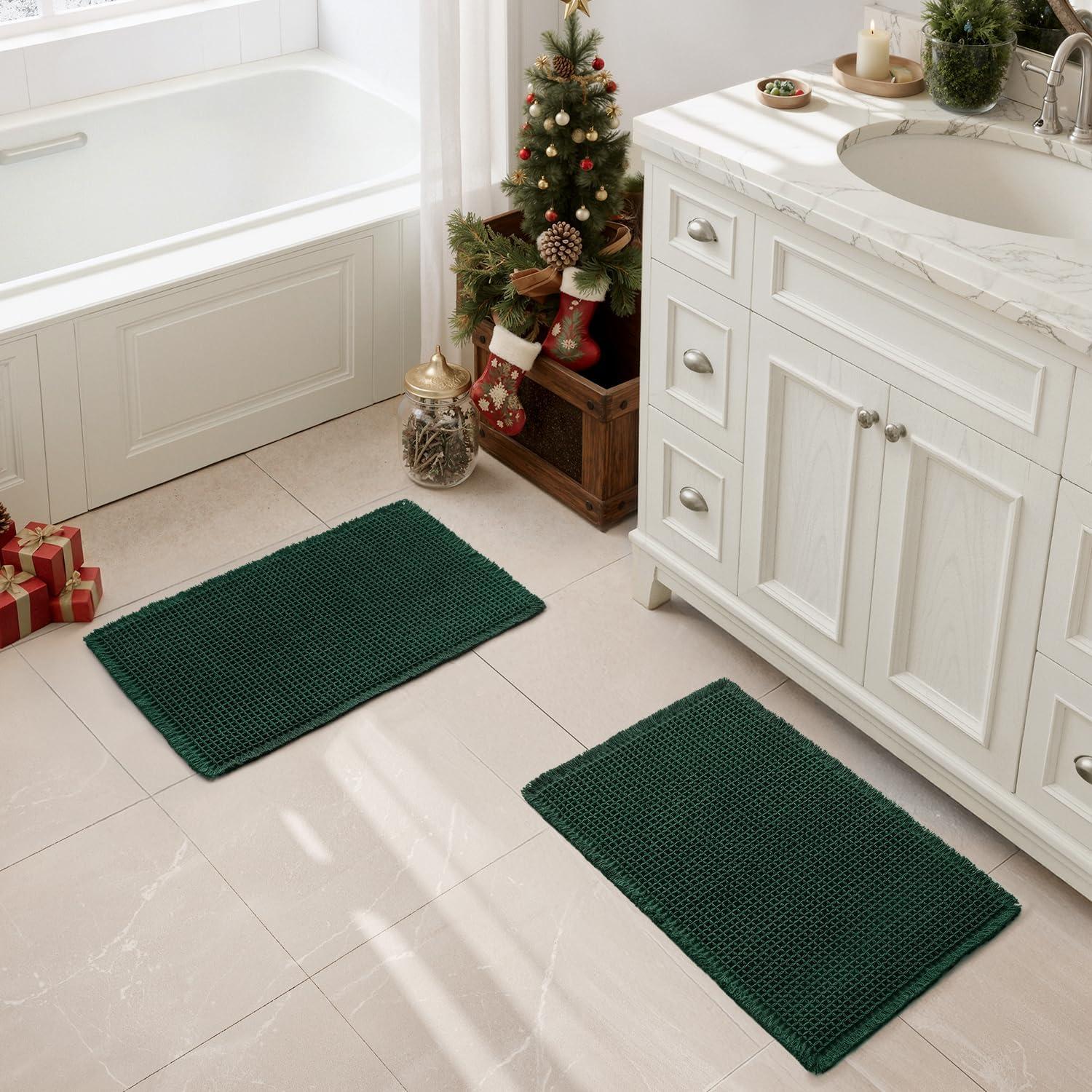 imageMIULEE Set of 2 Waffle Bathroom Rugs Boho Bath Rugs Non Slip Washable Super Absorbent Bath Mats Ultra Soft Rubber Backed Shower Mats for Bathroom Floor Tub and Shower Chocolate 18x30 InchDark Green