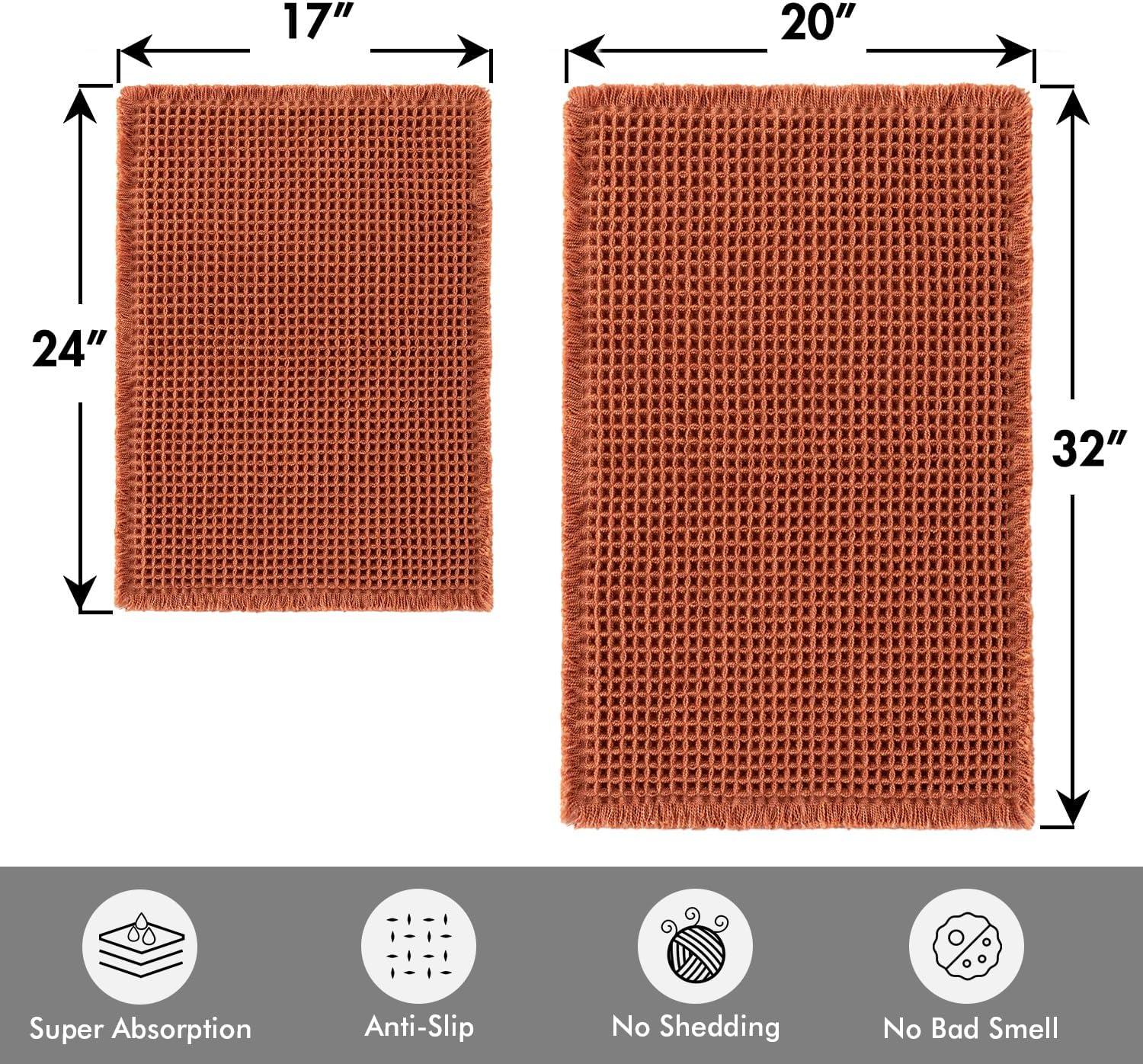 imageMIULEE Set of 2 Waffle Bathroom Rugs Boho Bath Rugs Non Slip Washable Super Absorbent Bath Mats Ultra Soft Rubber Backed Shower Mats for Bathroom Floor Tub and Shower Chocolate 18x30 InchOrange