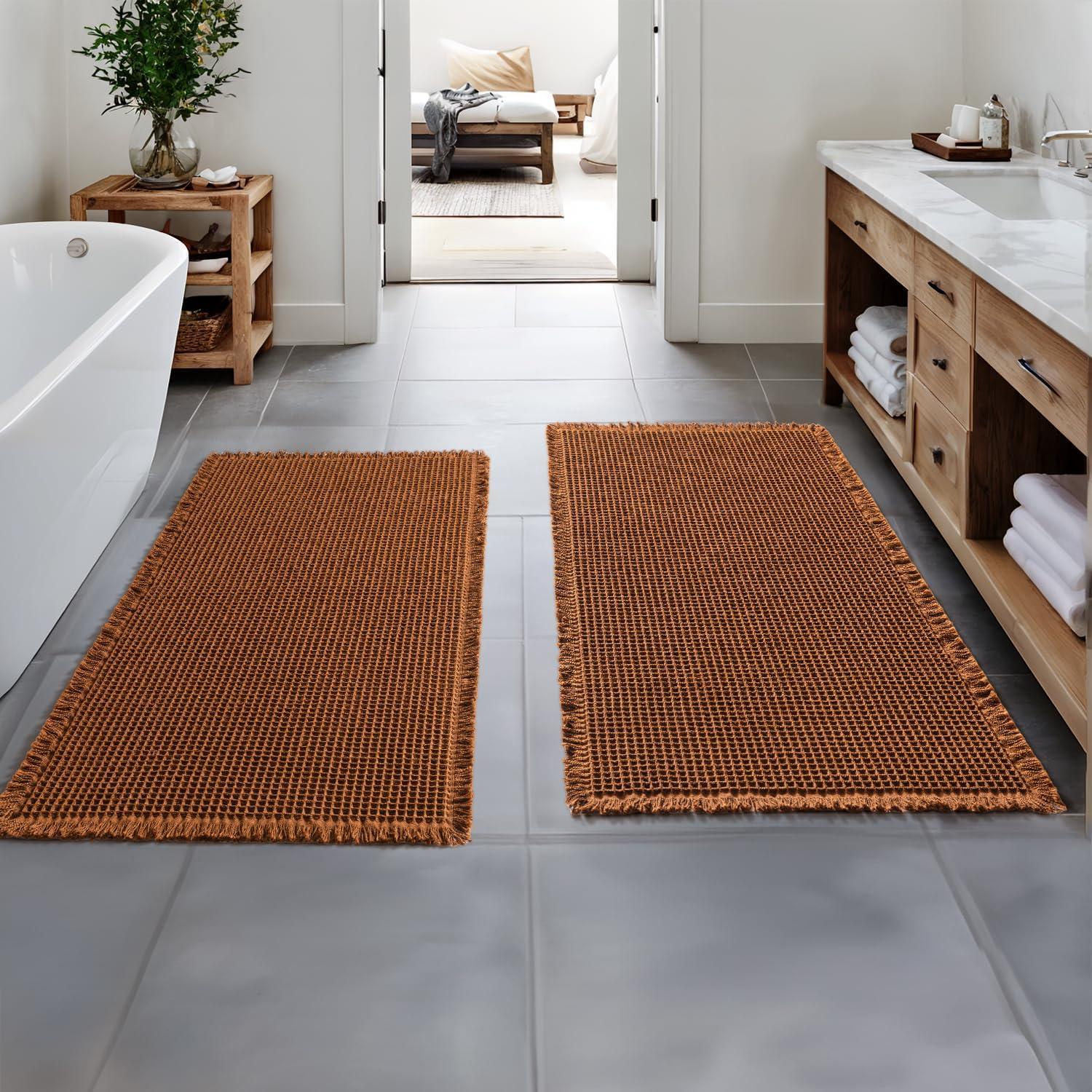 imageMIULEE Set of 2 Waffle Bathroom Rugs Boho Bath Rugs Non Slip Washable Super Absorbent Bath Mats Ultra Soft Rubber Backed Shower Mats for Bathroom Floor Tub and Shower Chocolate 18x30 InchTerracotta