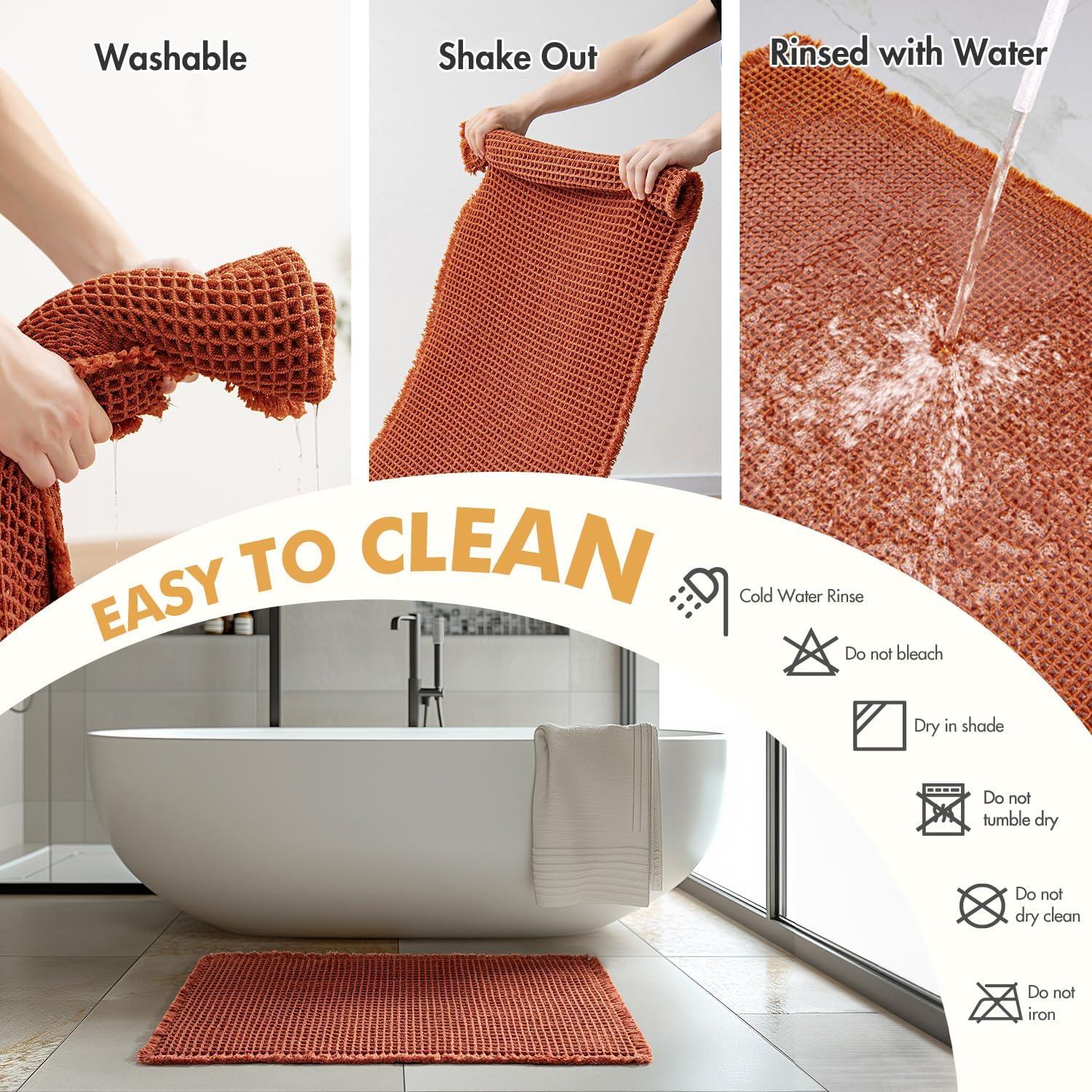 imageMIULEE Set of 2 Waffle Bathroom Rugs Boho Bath Rugs Non Slip Washable Super Absorbent Bath Mats Ultra Soft Rubber Backed Shower Mats for Bathroom Floor Tub and Shower Chocolate 18x30 InchOrange