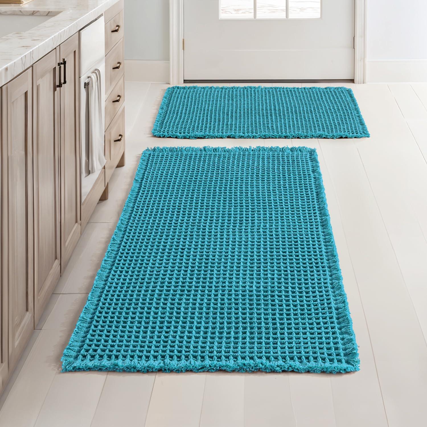 imageMIULEE Set of 2 Waffle Bathroom Rugs Boho Bath Rugs Non Slip Washable Super Absorbent Bath Mats Ultra Soft Rubber Backed Shower Mats for Bathroom Floor Tub and Shower Chocolate 18x30 InchTeal