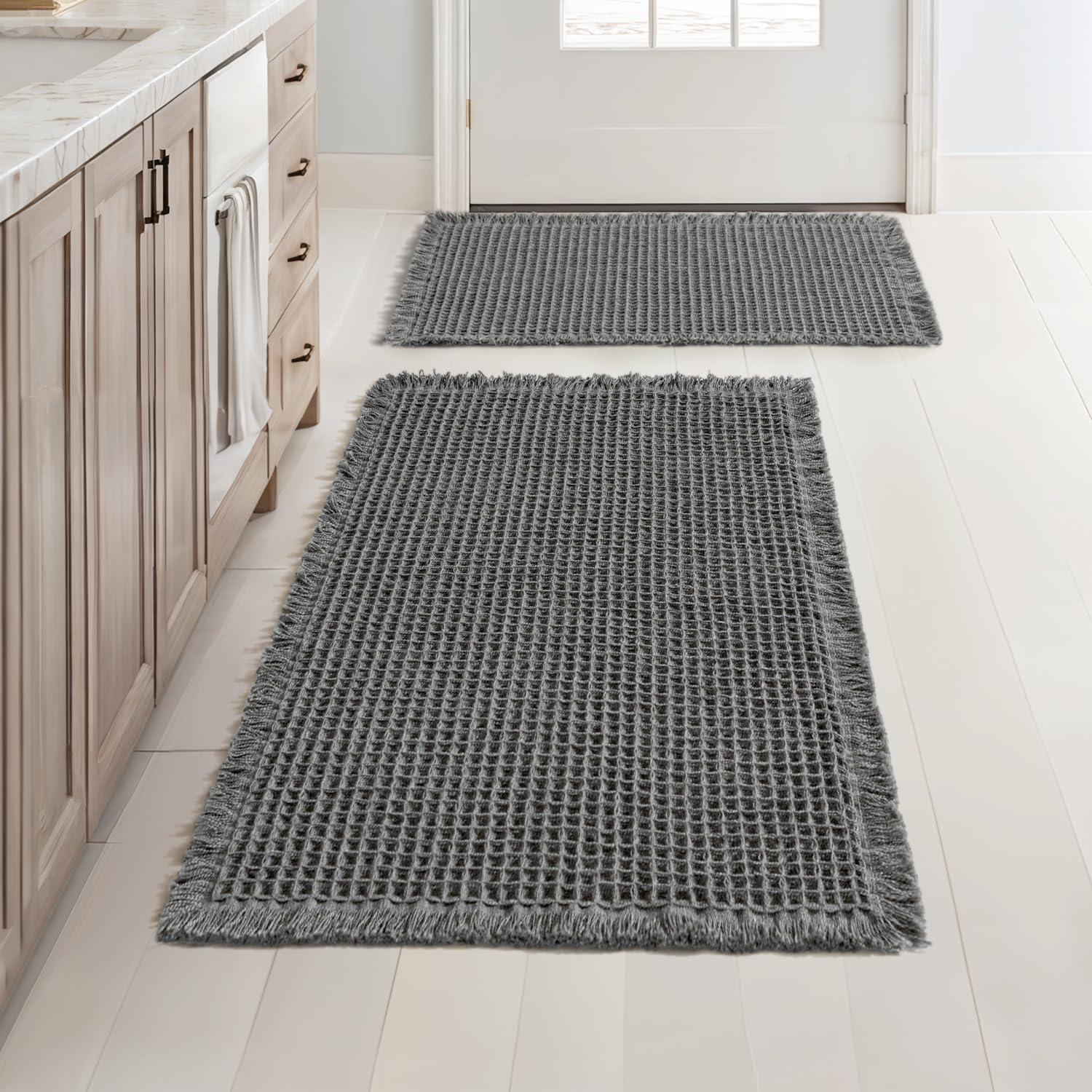 imageMIULEE Set of 2 Waffle Bathroom Rugs Boho Bath Rugs Non Slip Washable Super Absorbent Bath Mats Ultra Soft Rubber Backed Shower Mats for Bathroom Floor Tub and Shower Chocolate 18x30 InchDark Grey