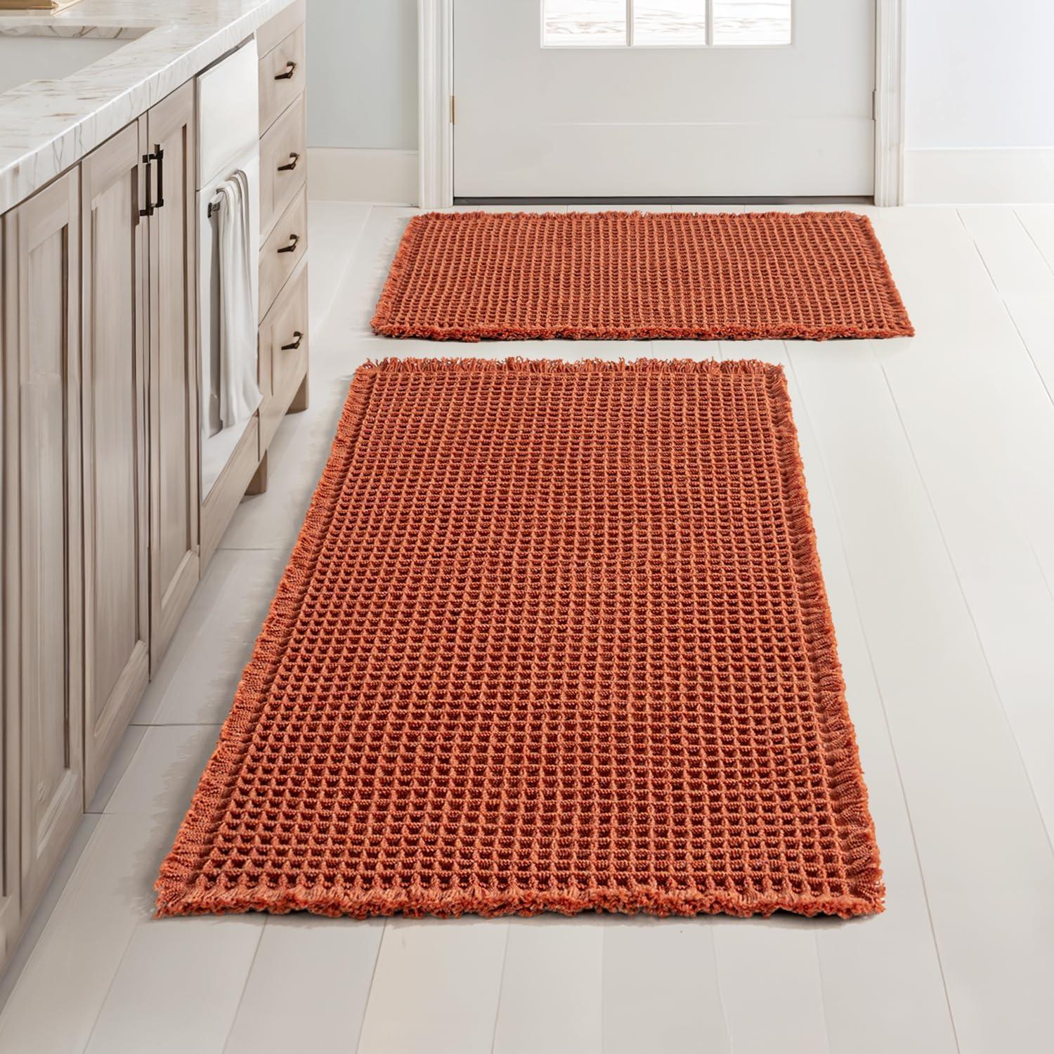 imageMIULEE Set of 2 Waffle Bathroom Rugs Boho Bath Rugs Non Slip Washable Super Absorbent Bath Mats Ultra Soft Rubber Backed Shower Mats for Bathroom Floor Tub and Shower Chocolate 18x30 InchOrange