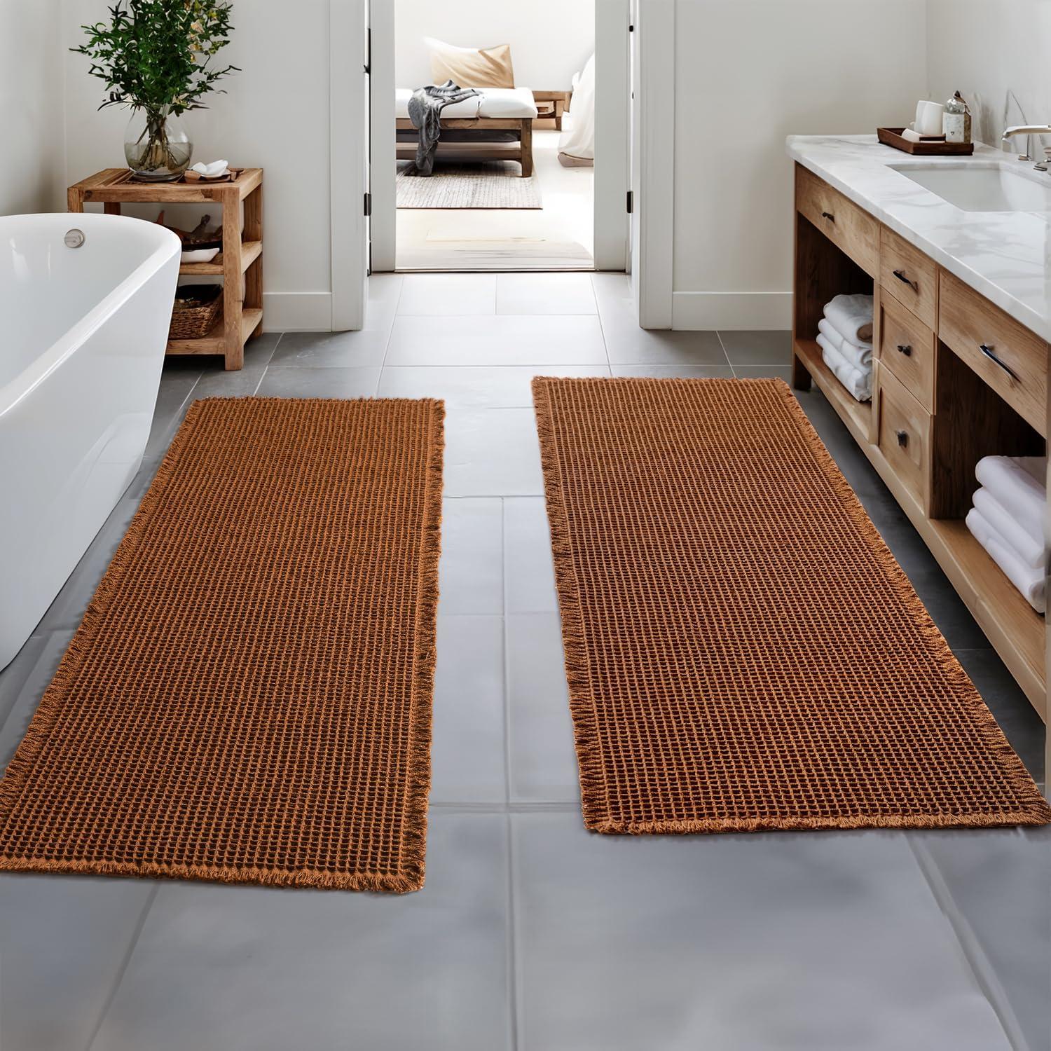imageMIULEE Set of 2 Waffle Bathroom Rugs Boho Bath Rugs Non Slip Washable Super Absorbent Bath Mats Ultra Soft Rubber Backed Shower Mats for Bathroom Floor Tub and Shower Chocolate 18x30 InchTerracotta