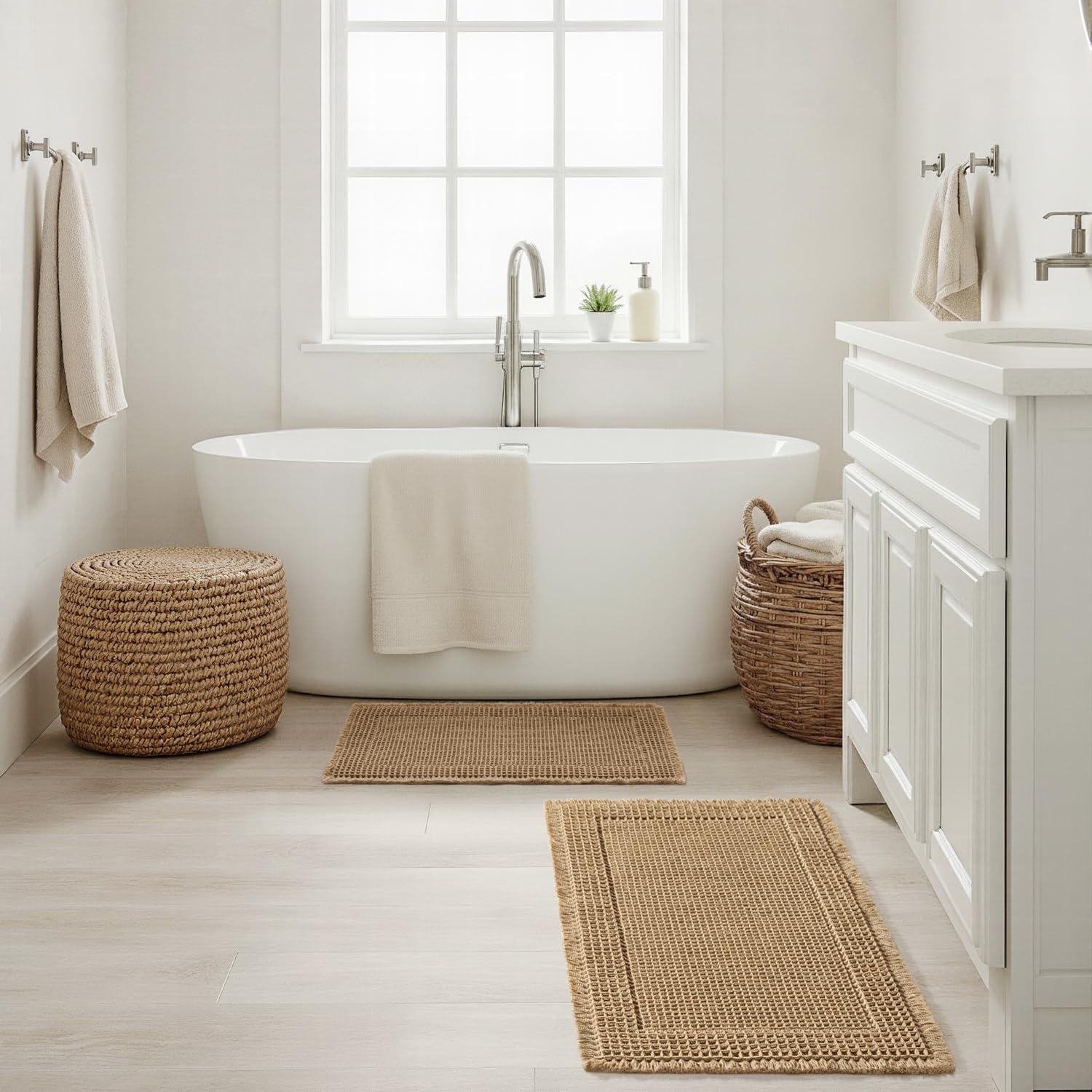 imageMIULEE Set of 2 Waffle Bathroom Rugs Boho Bath Rugs Non Slip Washable Super Absorbent Bath Mats Ultra Soft Rubber Backed Shower Mats for Bathroom Floor Tub and Shower Chocolate 18x30 InchBrown