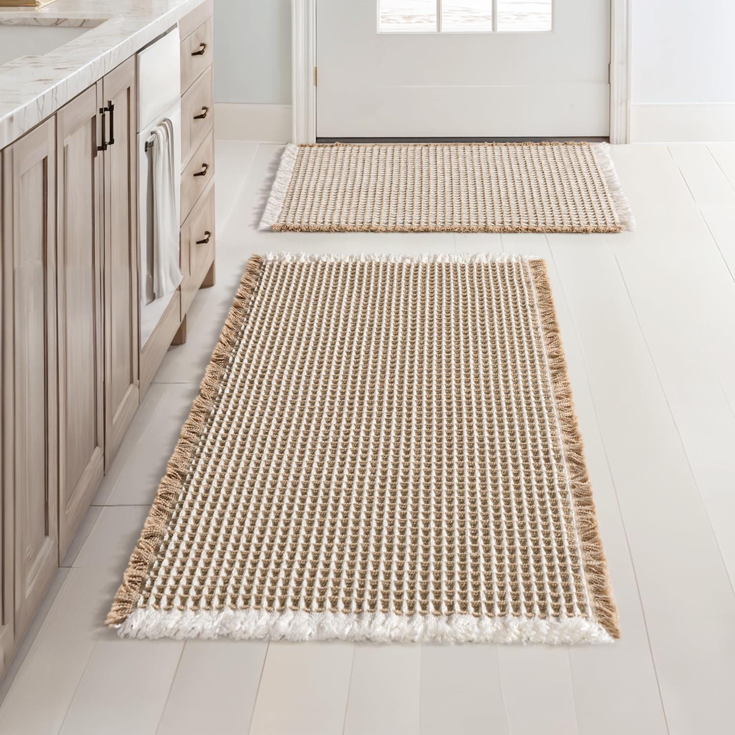 imageMIULEE Set of 2 Waffle Bathroom Rugs Boho Bath Rugs Non Slip Washable Super Absorbent Bath Mats Ultra Soft Rubber Backed Shower Mats for Bathroom Floor Tub and Shower Chocolate 18x30 InchBrown White