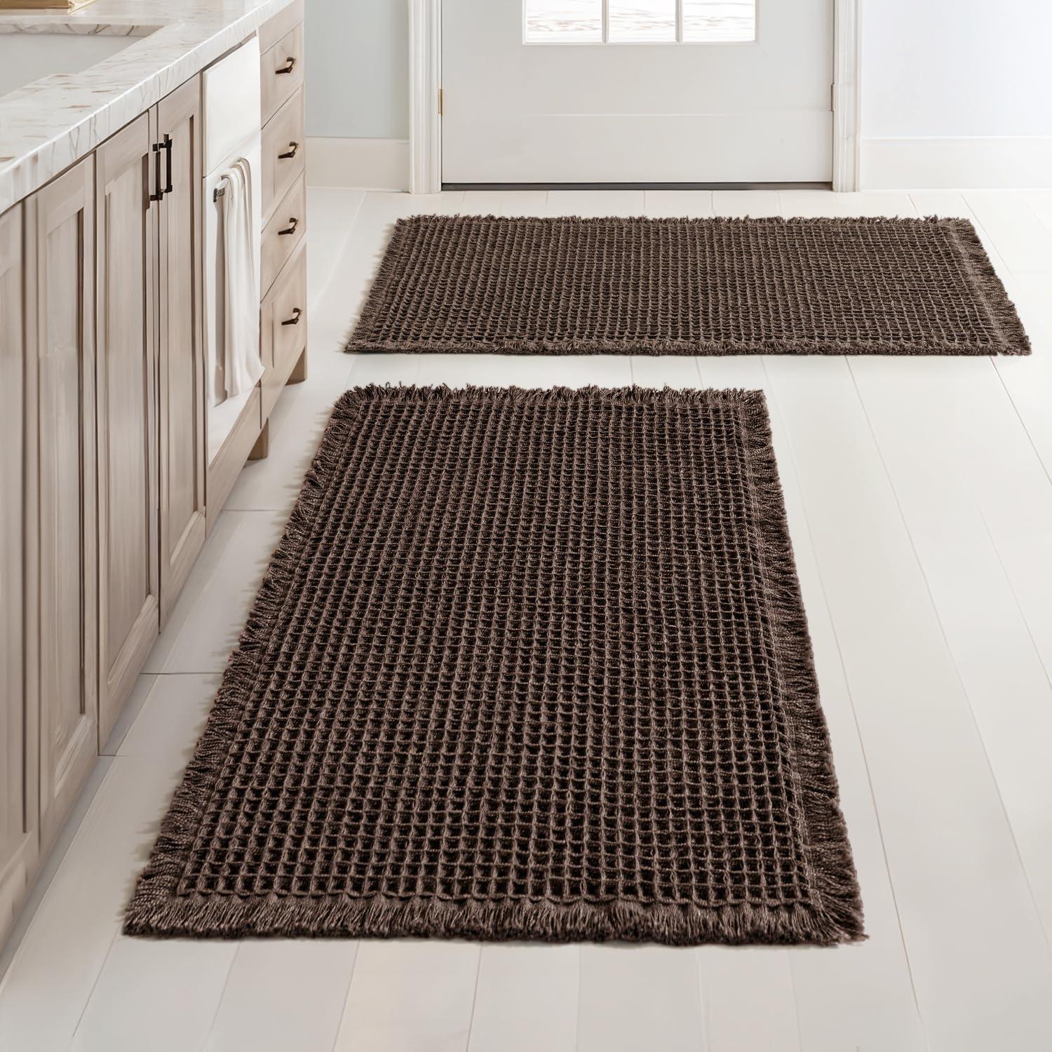 imageMIULEE Set of 2 Waffle Bathroom Rugs Boho Bath Rugs Non Slip Washable Super Absorbent Bath Mats Ultra Soft Rubber Backed Shower Mats for Bathroom Floor Tub and Shower Chocolate 18x30 InchChocolate