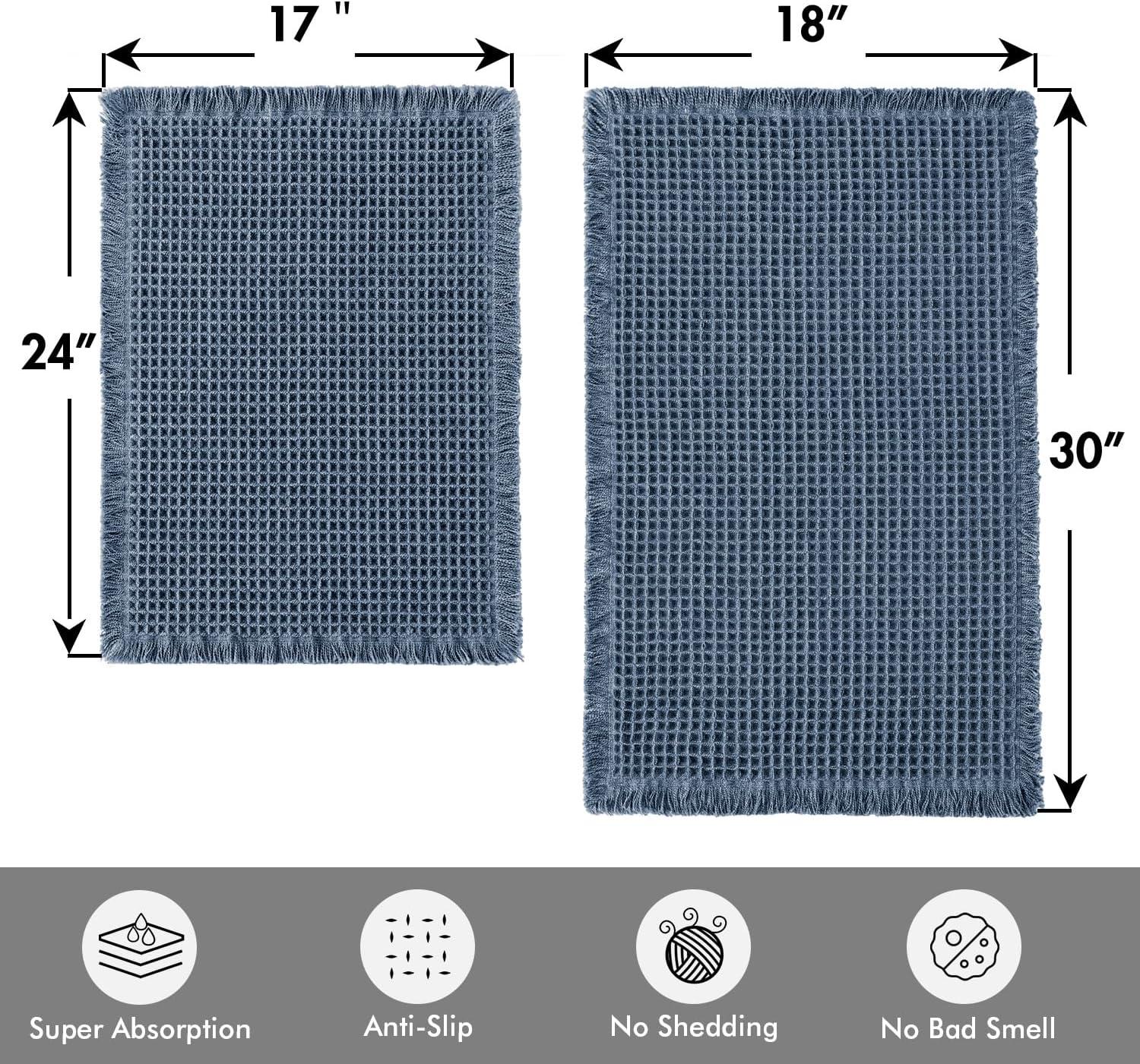 imageMIULEE Set of 2 Waffle Bathroom Rugs Boho Bath Rugs Non Slip Washable Super Absorbent Bath Mats Ultra Soft Rubber Backed Shower Mats for Bathroom Floor Tub and Shower Chocolate 18x30 InchBlue