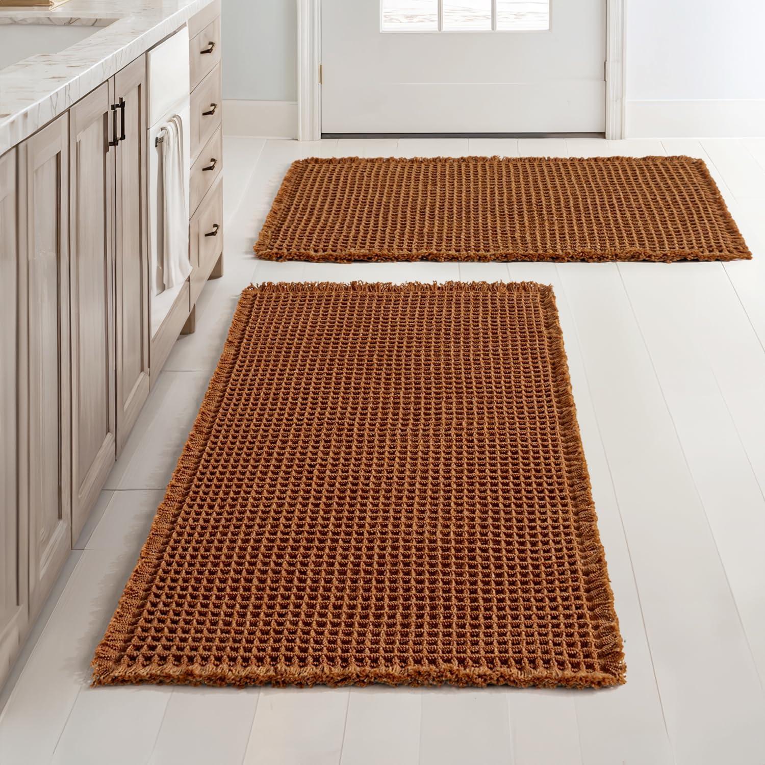 imageMIULEE Set of 2 Waffle Bathroom Rugs Boho Bath Rugs Non Slip Washable Super Absorbent Bath Mats Ultra Soft Rubber Backed Shower Mats for Bathroom Floor Tub and Shower Chocolate 18x30 InchTerracotta