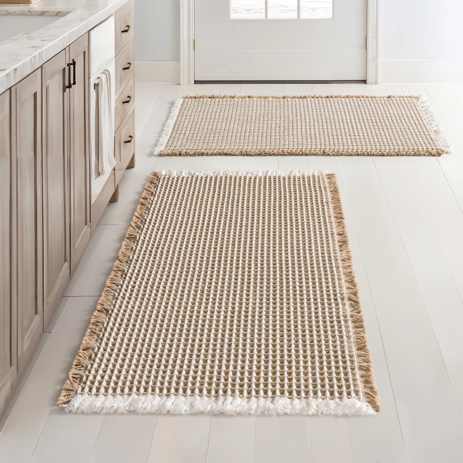 imageMIULEE Set of 2 Waffle Bathroom Rugs Boho Bath Rugs Non Slip Washable Super Absorbent Bath Mats Ultra Soft Rubber Backed Shower Mats for Bathroom Floor Tub and Shower Chocolate 18x30 InchBrown White