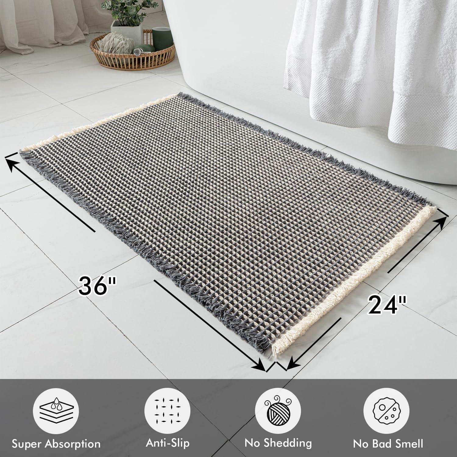 imageMIULEE Set of 2 Waffle Bathroom Rugs Boho Bath Rugs Non Slip Washable Super Absorbent Bath Mats Ultra Soft Rubber Backed Shower Mats for Bathroom Floor Tub and Shower Chocolate 18x30 InchDark Grey Yellow