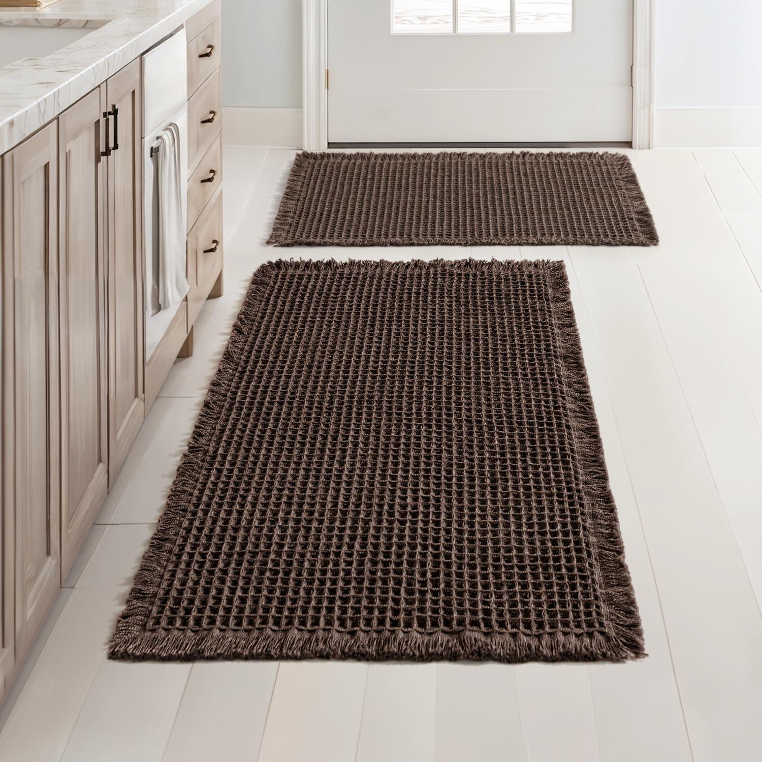 imageMIULEE Set of 2 Waffle Bathroom Rugs Boho Bath Rugs Non Slip Washable Super Absorbent Bath Mats Ultra Soft Rubber Backed Shower Mats for Bathroom Floor Tub and Shower Chocolate 18x30 InchChocolate