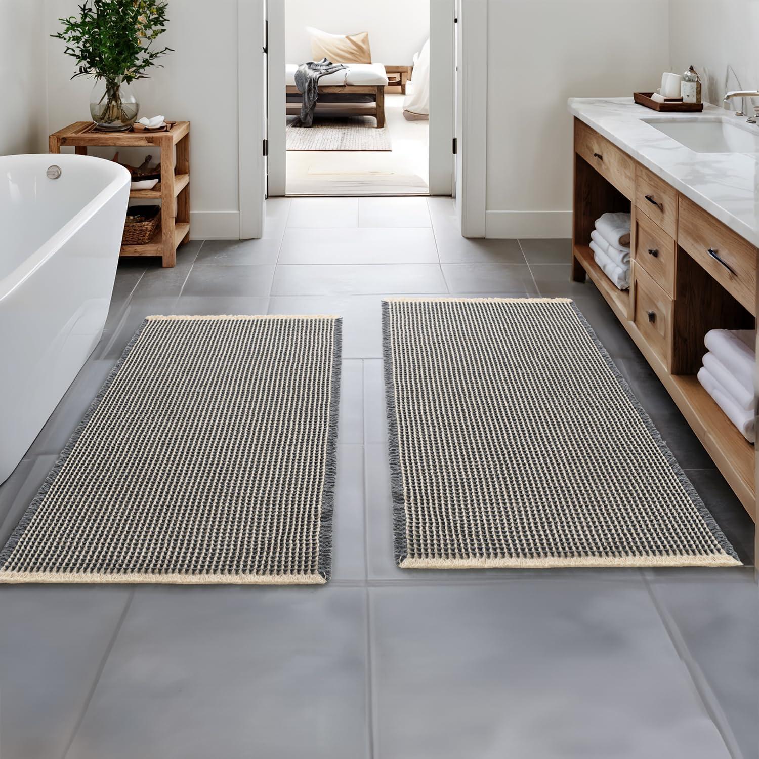 imageMIULEE Set of 2 Waffle Bathroom Rugs Boho Bath Rugs Non Slip Washable Super Absorbent Bath Mats Ultra Soft Rubber Backed Shower Mats for Bathroom Floor Tub and Shower Chocolate 18x30 InchDark Grey Yellow