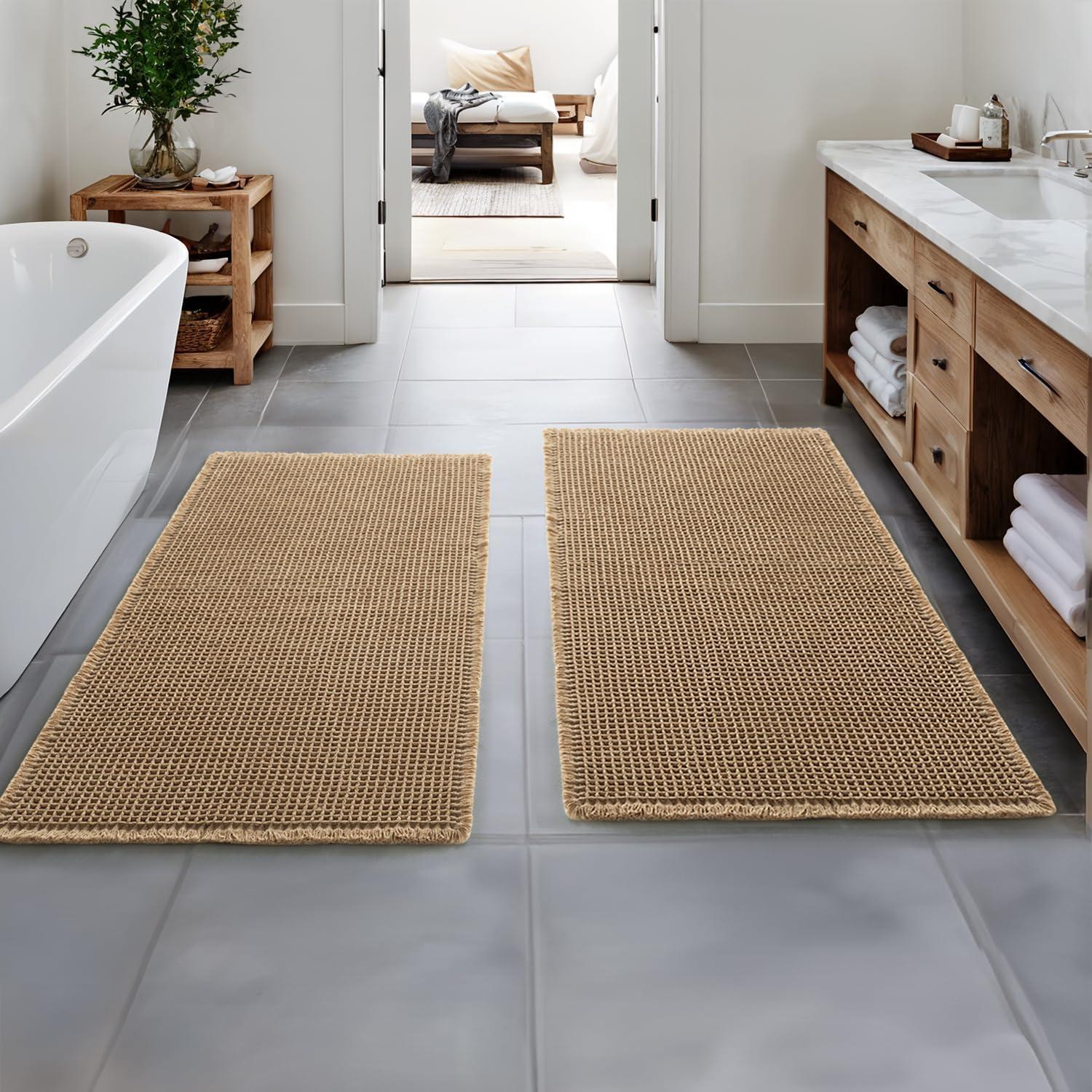 imageMIULEE Set of 2 Waffle Bathroom Rugs Boho Bath Rugs Non Slip Washable Super Absorbent Bath Mats Ultra Soft Rubber Backed Shower Mats for Bathroom Floor Tub and Shower Chocolate 18x30 InchBrown