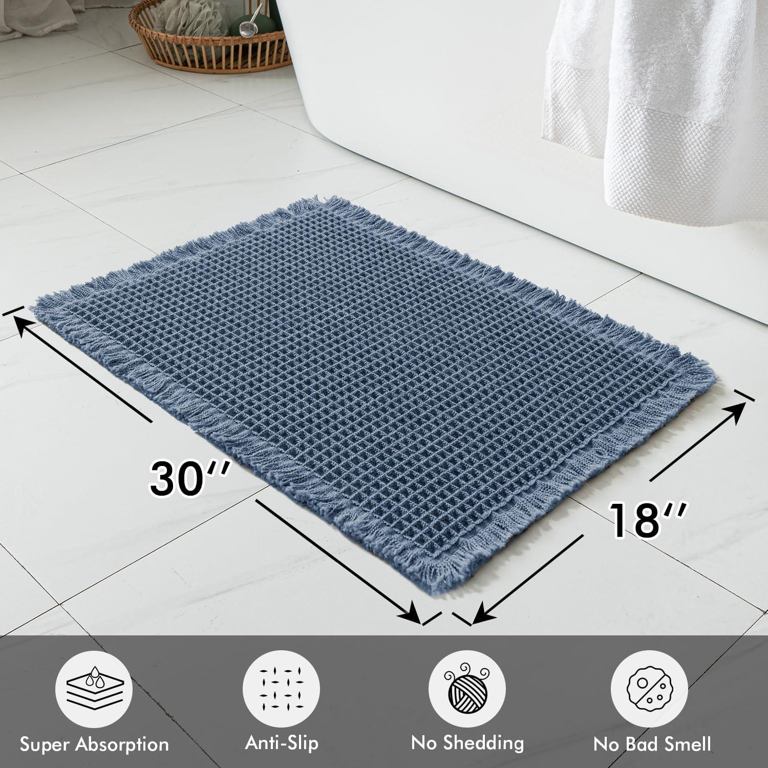 imageMIULEE Set of 2 Waffle Bathroom Rugs Boho Bath Rugs Non Slip Washable Super Absorbent Bath Mats Ultra Soft Rubber Backed Shower Mats for Bathroom Floor Tub and Shower Chocolate 18x30 InchBlue