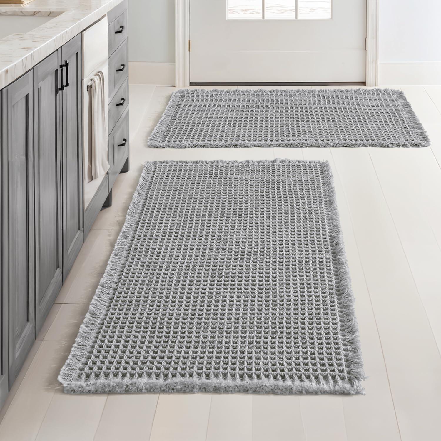 imageMIULEE Set of 2 Waffle Bathroom Rugs Boho Bath Rugs Non Slip Washable Super Absorbent Bath Mats Ultra Soft Rubber Backed Shower Mats for Bathroom Floor Tub and Shower Chocolate 18x30 InchLight Grey
