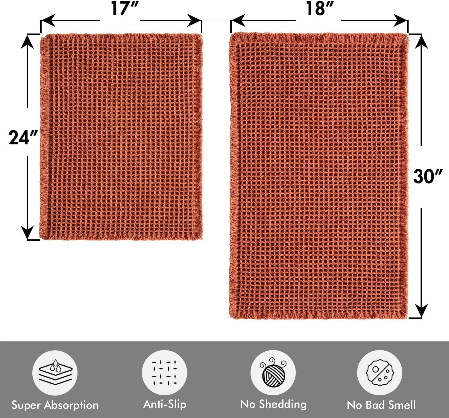 imageMIULEE Set of 2 Waffle Bathroom Rugs Boho Bath Rugs Non Slip Washable Super Absorbent Bath Mats Ultra Soft Rubber Backed Shower Mats for Bathroom Floor Tub and Shower Chocolate 18x30 InchOrange