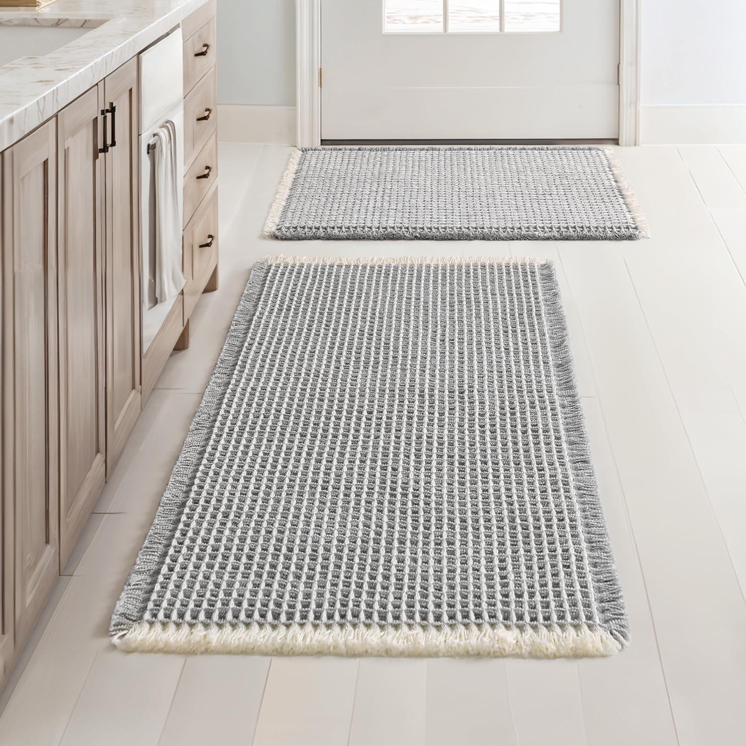 imageMIULEE Set of 2 Waffle Bathroom Rugs Boho Bath Rugs Non Slip Washable Super Absorbent Bath Mats Ultra Soft Rubber Backed Shower Mats for Bathroom Floor Tub and Shower Chocolate 18x30 InchLightgrey Cream