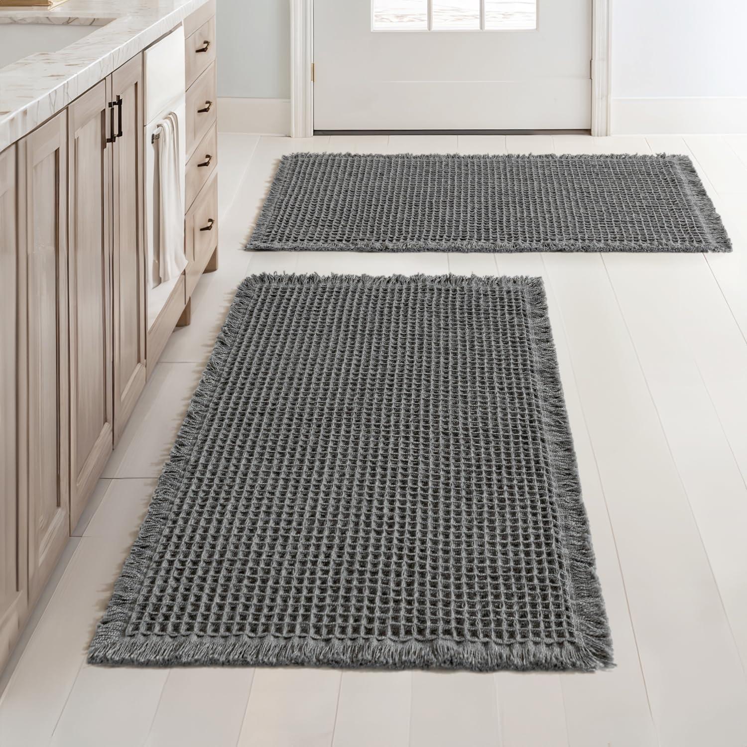 imageMIULEE Set of 2 Waffle Bathroom Rugs Boho Bath Rugs Non Slip Washable Super Absorbent Bath Mats Ultra Soft Rubber Backed Shower Mats for Bathroom Floor Tub and Shower Chocolate 18x30 InchDark Grey