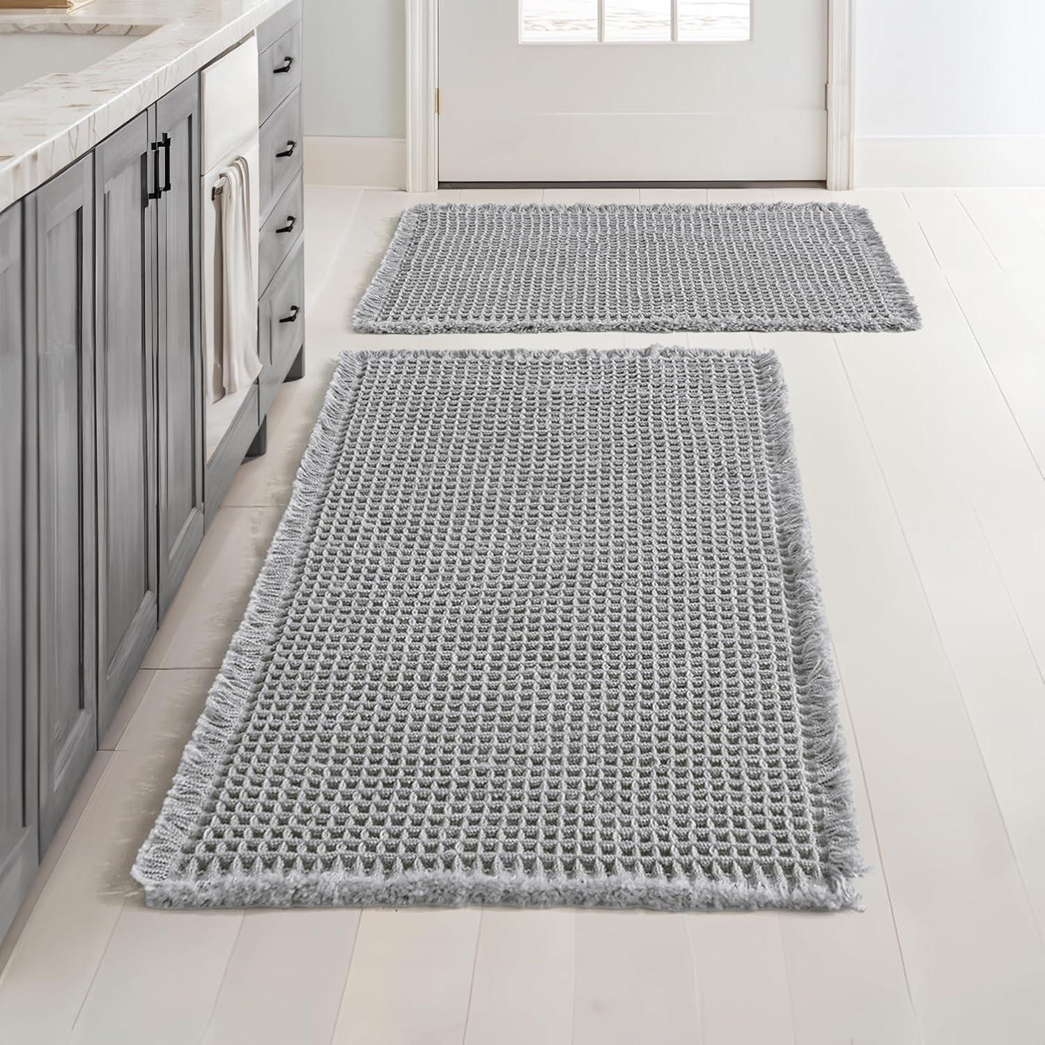 imageMIULEE Set of 2 Waffle Bathroom Rugs Boho Bath Rugs Non Slip Washable Super Absorbent Bath Mats Ultra Soft Rubber Backed Shower Mats for Bathroom Floor Tub and Shower Chocolate 18x30 InchLight Grey