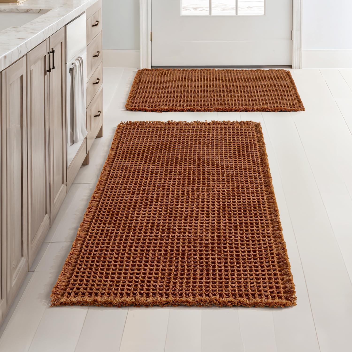 imageMIULEE Set of 2 Waffle Bathroom Rugs Boho Bath Rugs Non Slip Washable Super Absorbent Bath Mats Ultra Soft Rubber Backed Shower Mats for Bathroom Floor Tub and Shower Chocolate 18x30 InchTerracotta