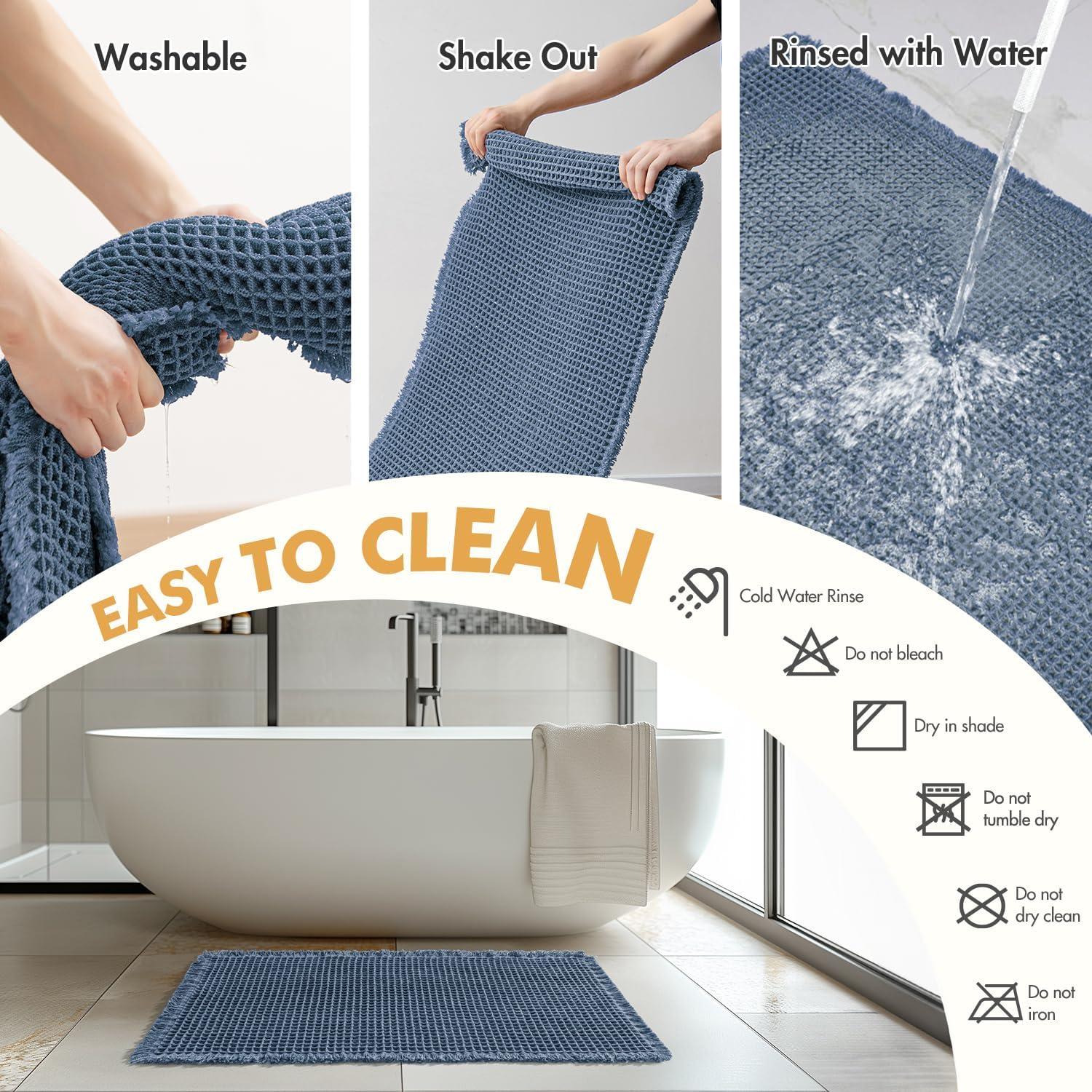 imageMIULEE Set of 2 Waffle Bathroom Rugs Boho Bath Rugs Non Slip Washable Super Absorbent Bath Mats Ultra Soft Rubber Backed Shower Mats for Bathroom Floor Tub and Shower Chocolate 18x30 InchBlue
