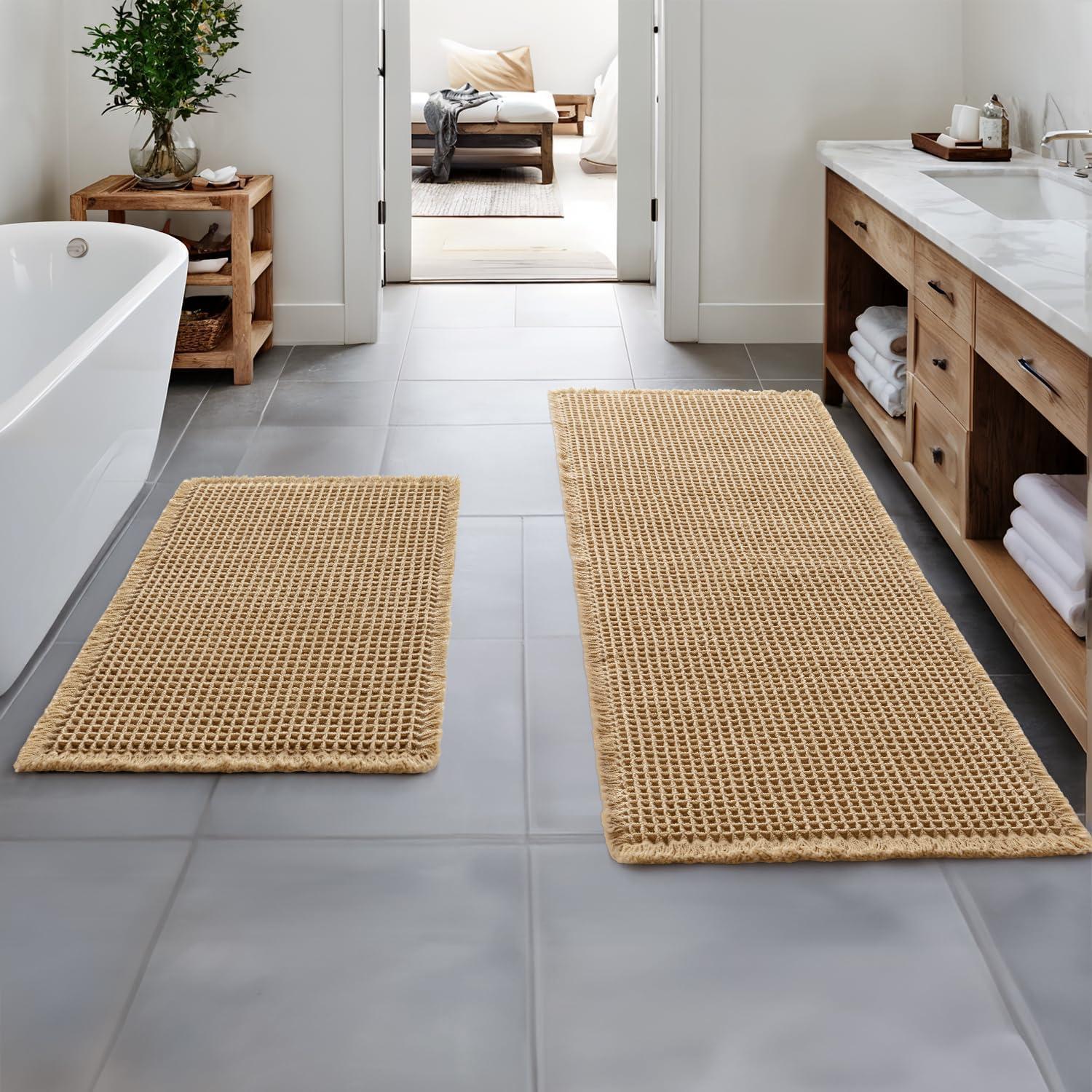 imageMIULEE Set of 2 Waffle Bathroom Rugs Boho Bath Rugs Non Slip Washable Super Absorbent Bath Mats Ultra Soft Rubber Backed Shower Mats for Bathroom Floor Tub and Shower Chocolate 18x30 InchBrown