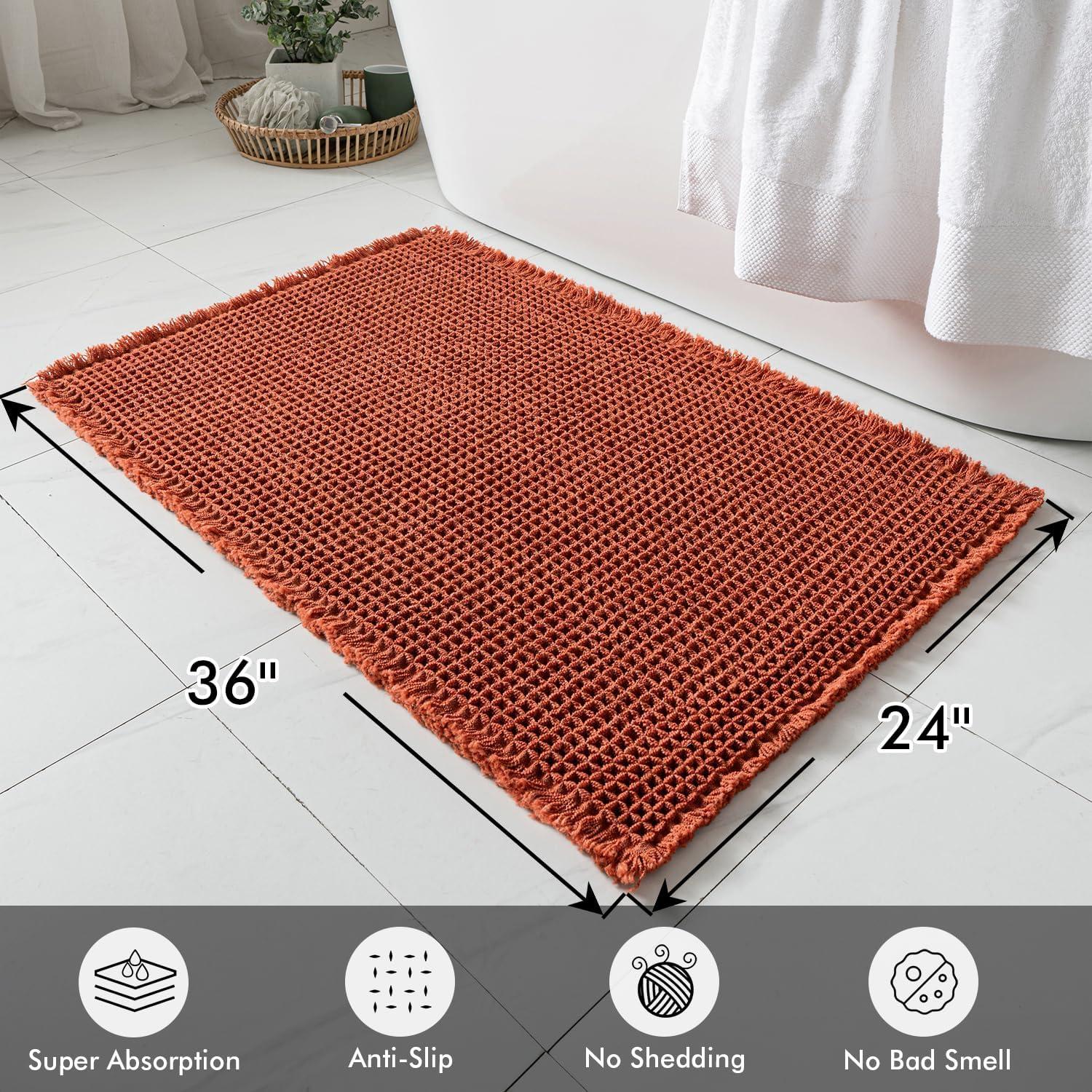 imageMIULEE Set of 2 Waffle Bathroom Rugs Boho Bath Rugs Non Slip Washable Super Absorbent Bath Mats Ultra Soft Rubber Backed Shower Mats for Bathroom Floor Tub and Shower Chocolate 18x30 InchOrange