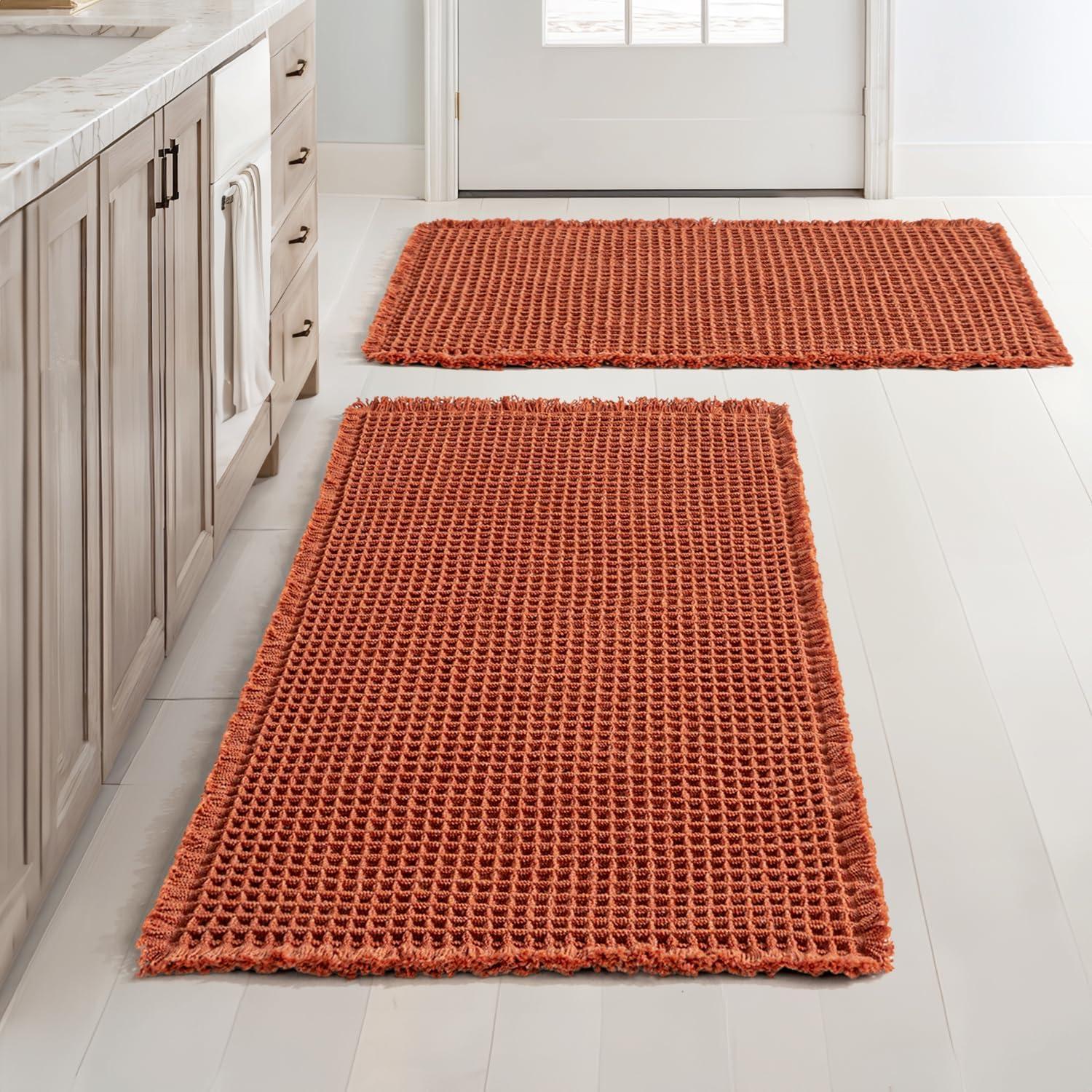 imageMIULEE Set of 2 Waffle Bathroom Rugs Boho Bath Rugs Non Slip Washable Super Absorbent Bath Mats Ultra Soft Rubber Backed Shower Mats for Bathroom Floor Tub and Shower Chocolate 18x30 InchOrange