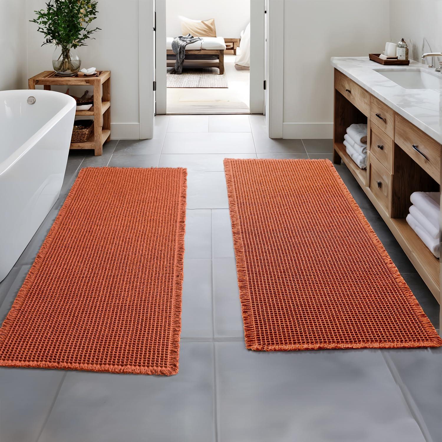 imageMIULEE Set of 2 Waffle Bathroom Rugs Boho Bath Rugs Non Slip Washable Super Absorbent Bath Mats Ultra Soft Rubber Backed Shower Mats for Bathroom Floor Tub and Shower Chocolate 18x30 InchOrange