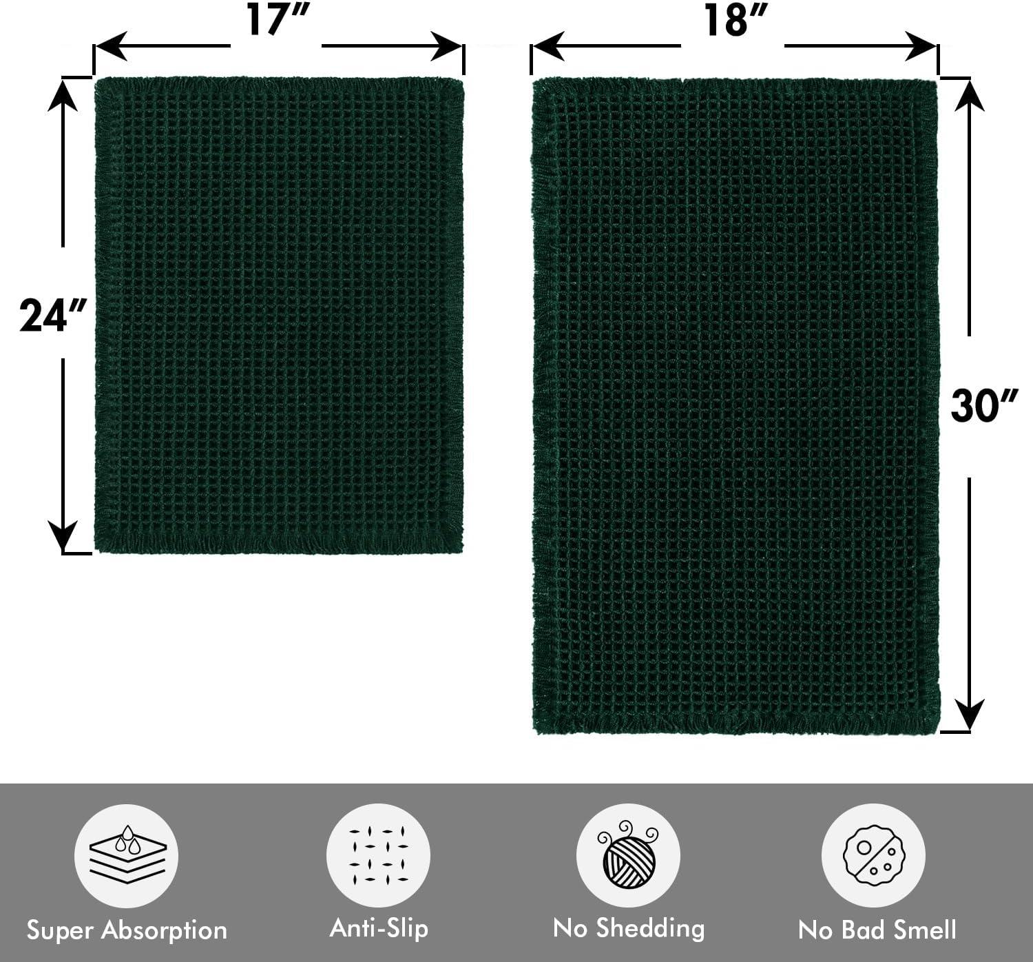 imageMIULEE Set of 2 Waffle Bathroom Rugs Boho Bath Rugs Non Slip Washable Super Absorbent Bath Mats Ultra Soft Rubber Backed Shower Mats for Bathroom Floor Tub and Shower Chocolate 18x30 InchDark Green