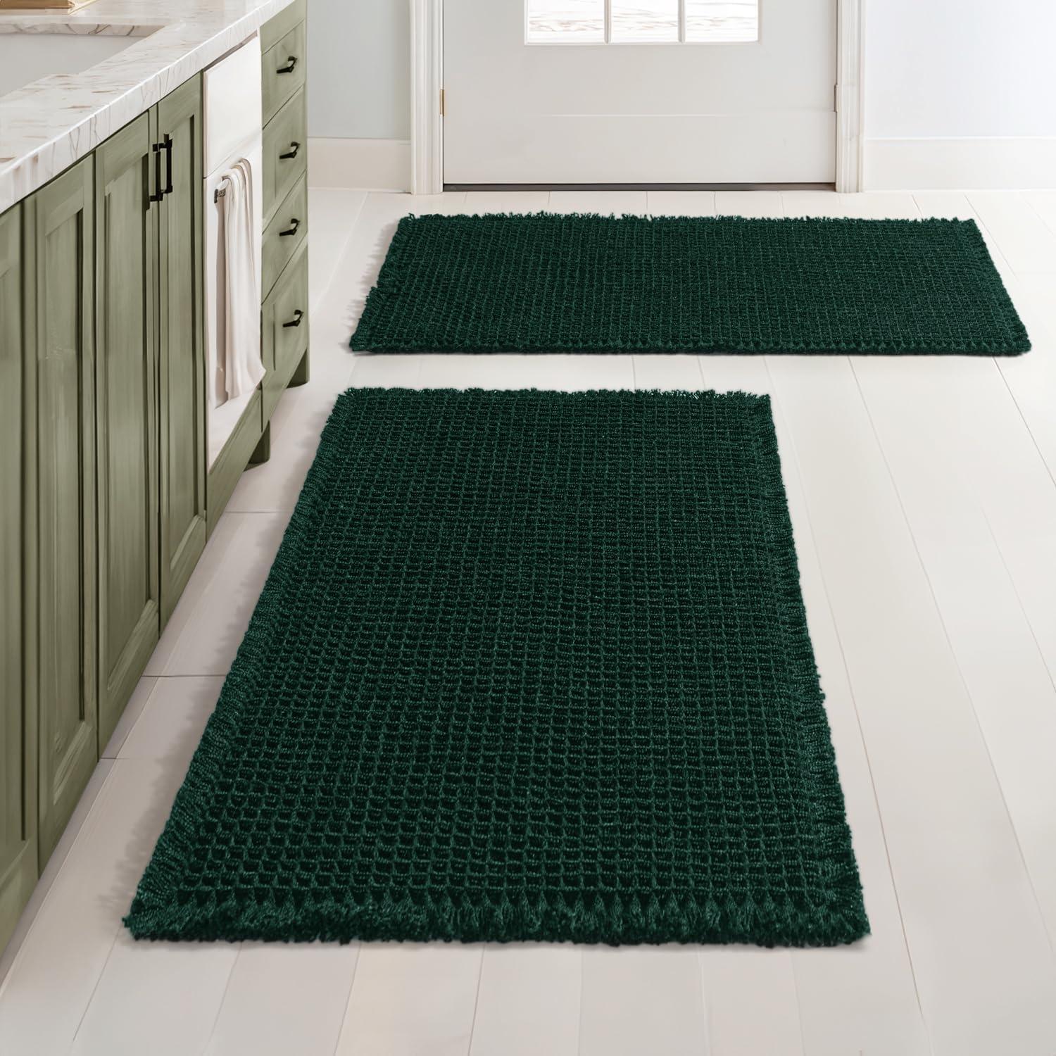 imageMIULEE Set of 2 Waffle Bathroom Rugs Boho Bath Rugs Non Slip Washable Super Absorbent Bath Mats Ultra Soft Rubber Backed Shower Mats for Bathroom Floor Tub and Shower Chocolate 18x30 InchDark Green