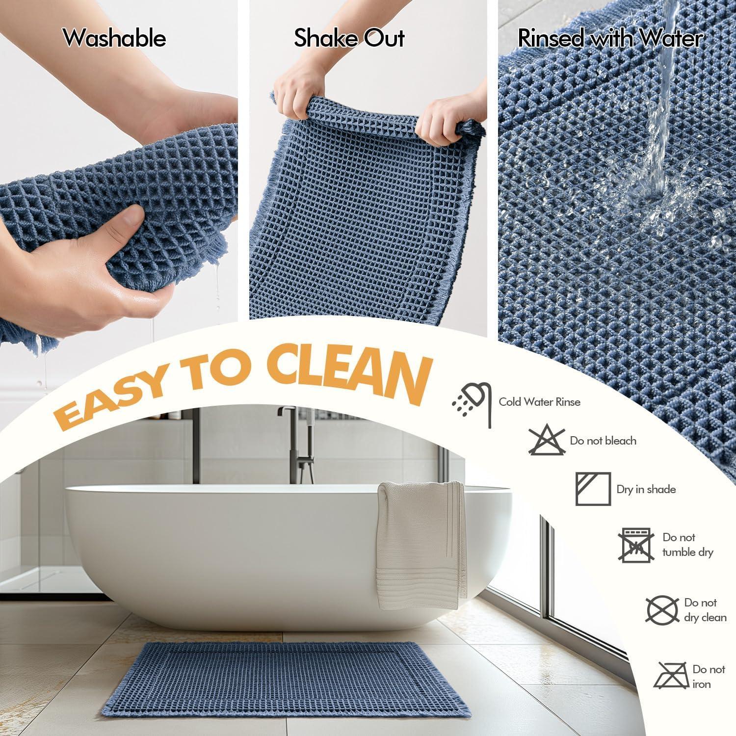 imageMIULEE Set of 2 Waffle Bathroom Rugs Boho Bath Rugs Non Slip Washable Super Absorbent Bath Mats Ultra Soft Rubber Backed Shower Mats for Bathroom Floor Tub and Shower Chocolate 18x30 InchBlue