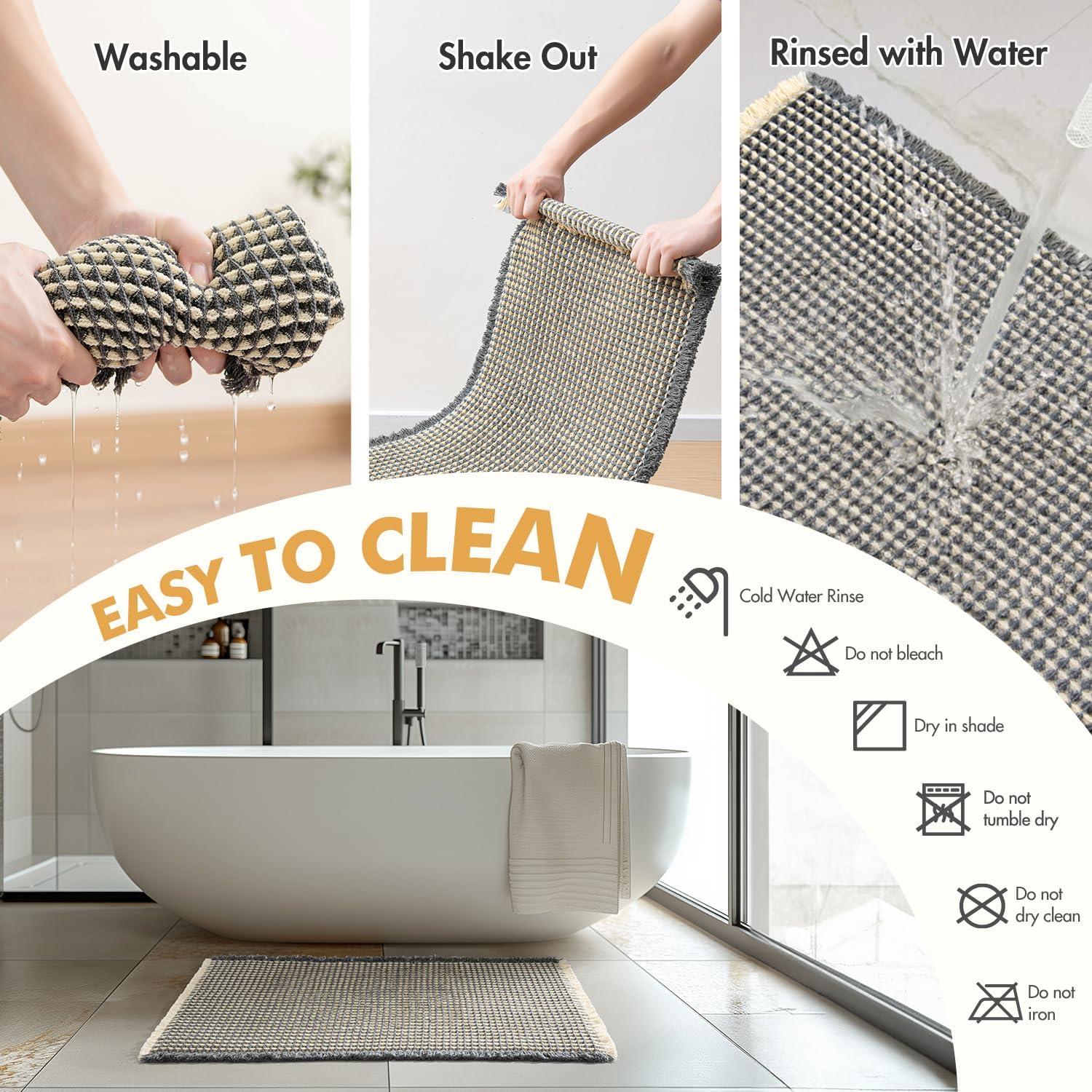 imageMIULEE Set of 2 Waffle Bathroom Rugs Boho Bath Rugs Non Slip Washable Super Absorbent Bath Mats Ultra Soft Rubber Backed Shower Mats for Bathroom Floor Tub and Shower Chocolate 18x30 InchDark Grey Yellow