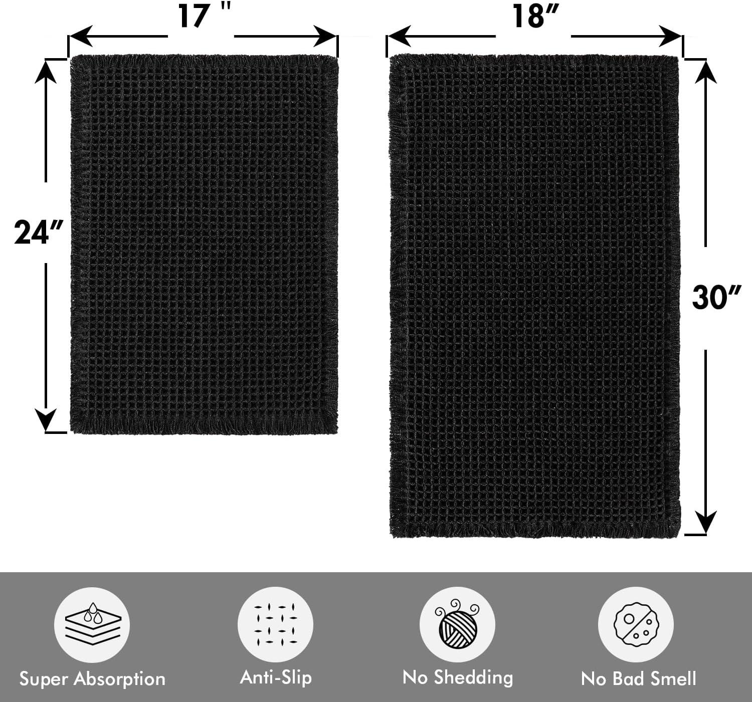 imageMIULEE Set of 2 Waffle Bathroom Rugs Boho Bath Rugs Non Slip Washable Super Absorbent Bath Mats Ultra Soft Rubber Backed Shower Mats for Bathroom Floor Tub and Shower Chocolate 18x30 InchBlack