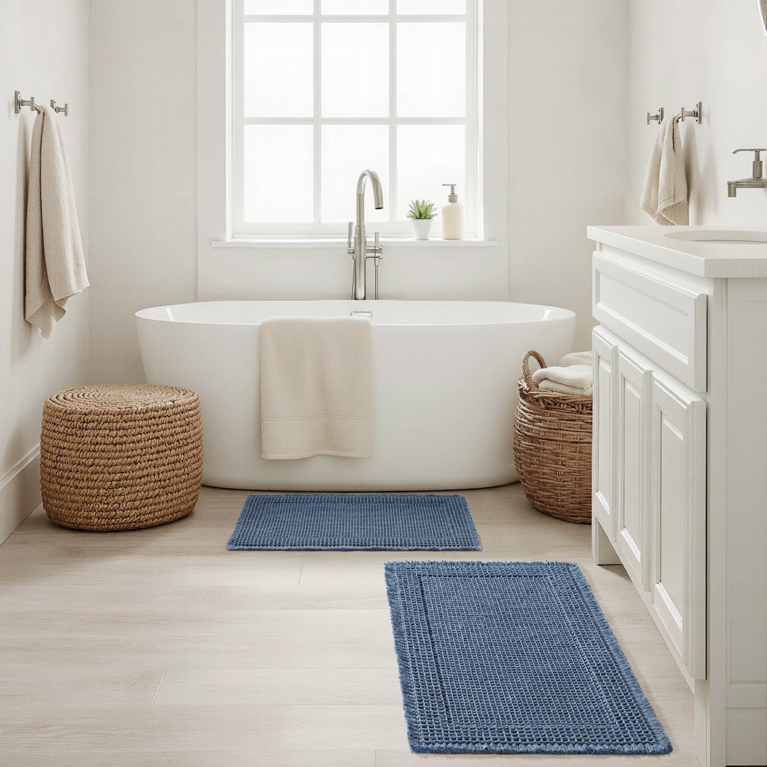imageMIULEE Set of 2 Waffle Bathroom Rugs Boho Bath Rugs Non Slip Washable Super Absorbent Bath Mats Ultra Soft Rubber Backed Shower Mats for Bathroom Floor Tub and Shower Chocolate 18x30 InchBlue