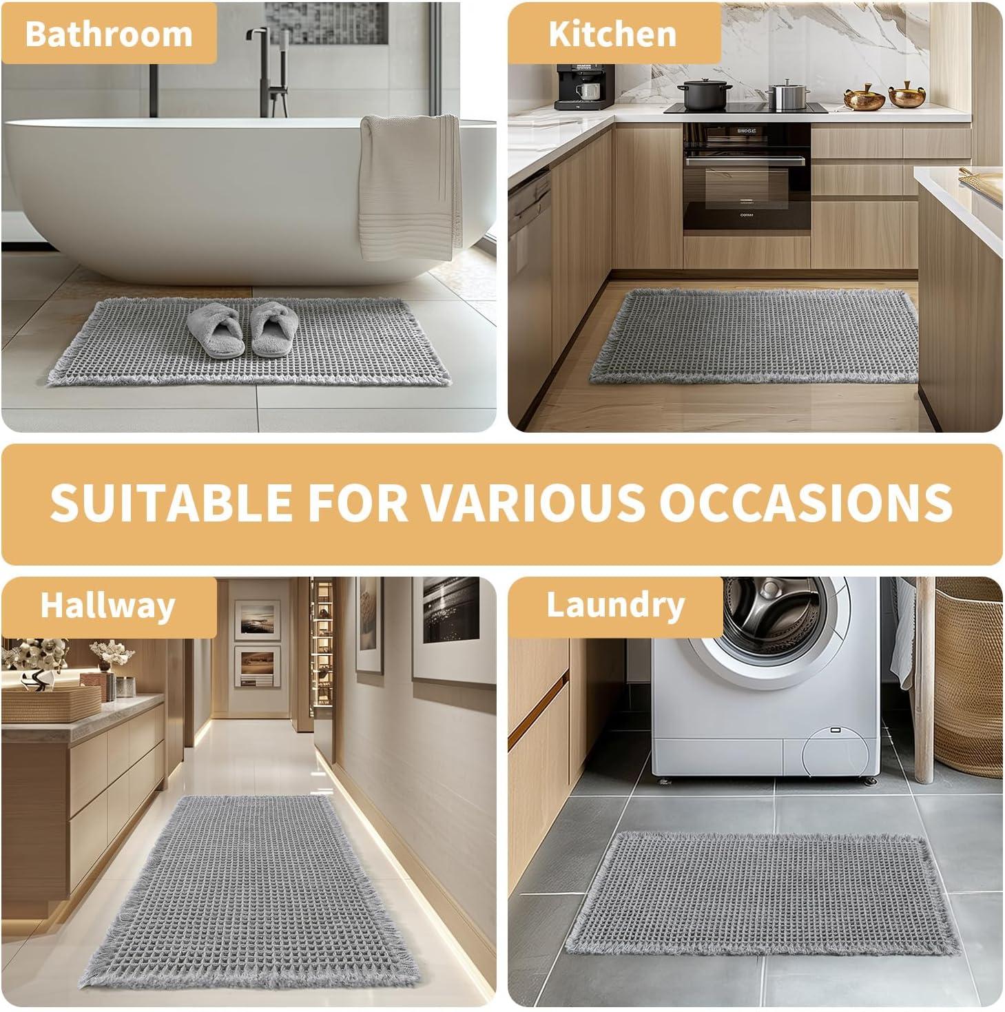 imageMIULEE Set of 2 Waffle Bathroom Rugs Boho Bath Rugs Non Slip Washable Super Absorbent Bath Mats Ultra Soft Rubber Backed Shower Mats for Bathroom Floor Tub and Shower Chocolate 18x30 InchLight Grey