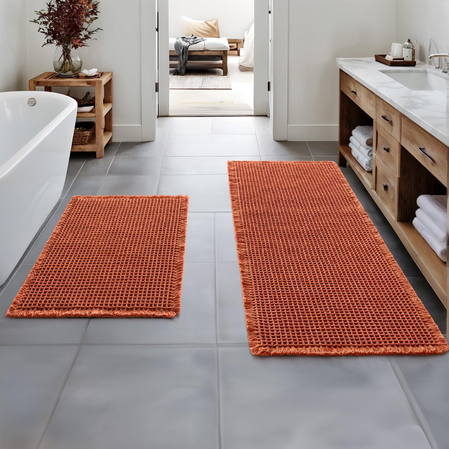 imageMIULEE Set of 2 Waffle Bathroom Rugs Boho Bath Rugs Non Slip Washable Super Absorbent Bath Mats Ultra Soft Rubber Backed Shower Mats for Bathroom Floor Tub and Shower Chocolate 18x30 InchOrange